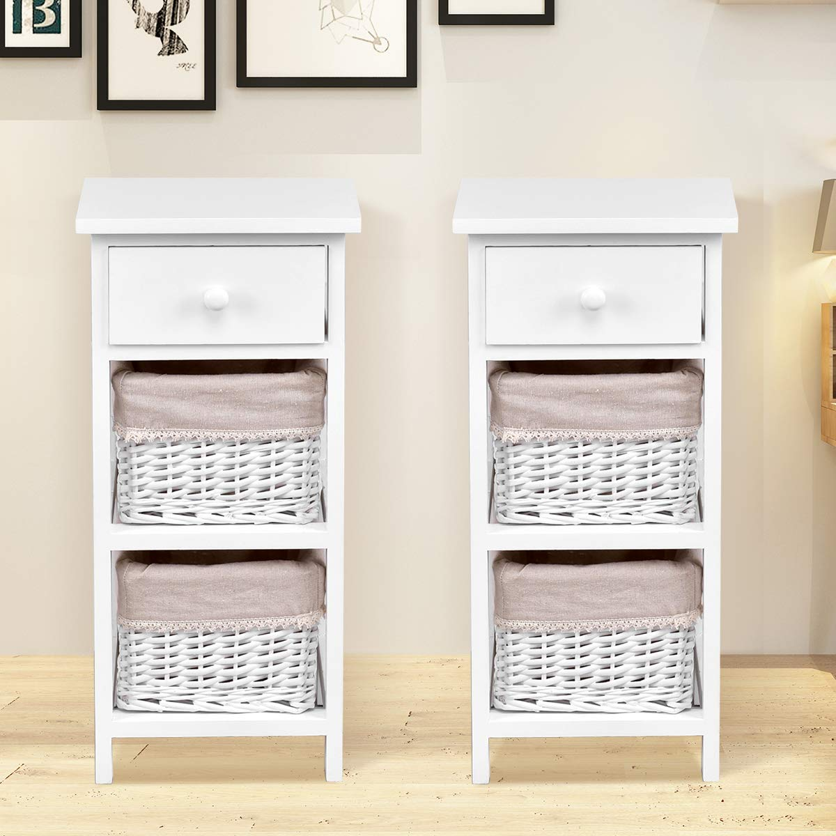 Giantex Wooden Nightstand 3-Tier Modern Bedside Table with 1 Drawer and 2 Storage Baskets