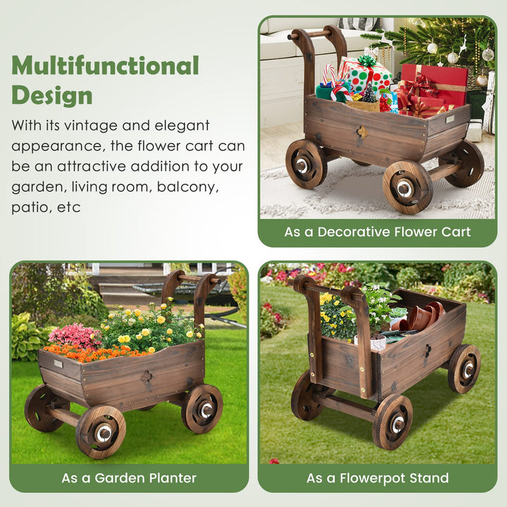 Giantex Wooden Wagon Planter Raised Bed on Wheels, Handle, Drainage Hole