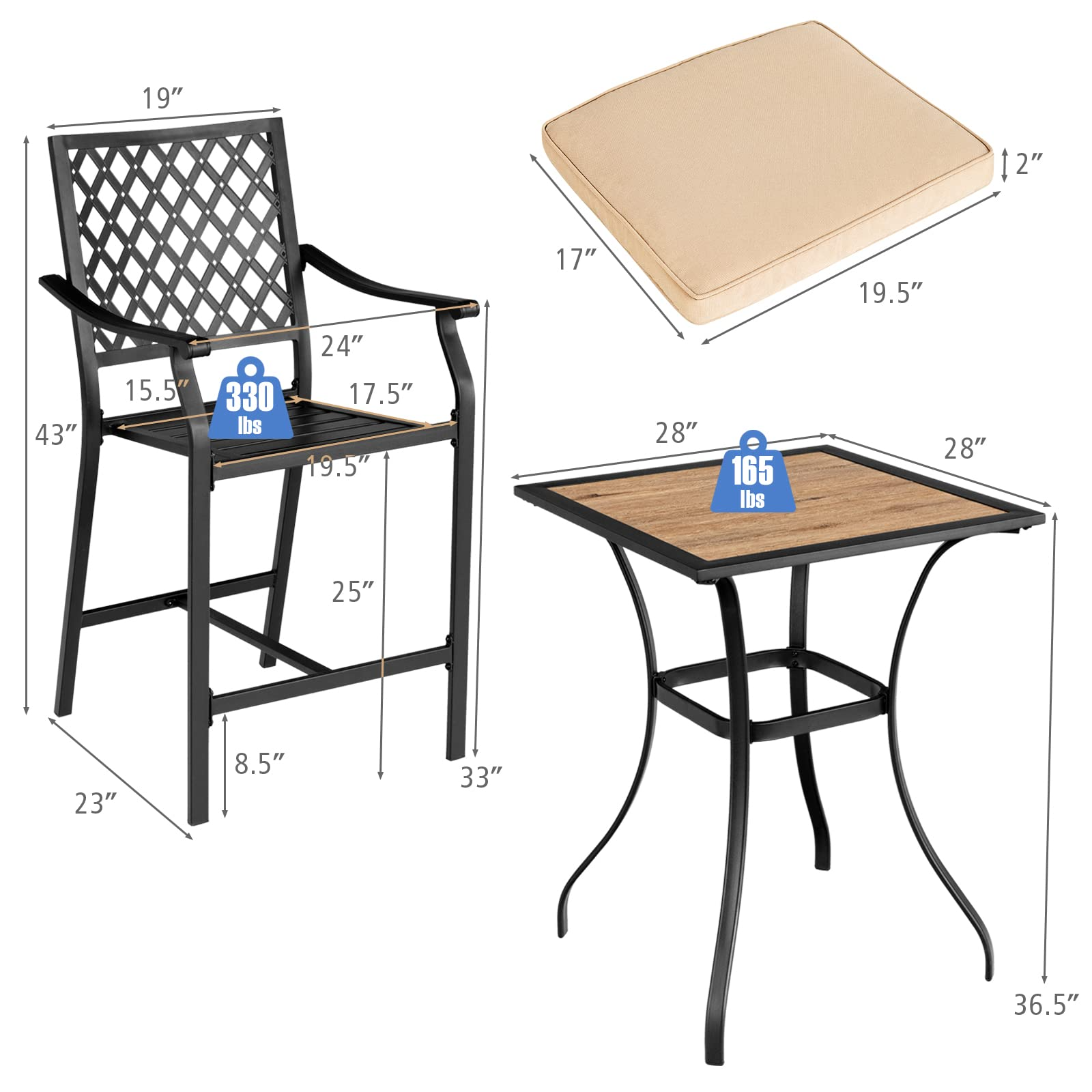 3 Piece Patio Bar Table Set Outdoor Square Bistro Bar Table High Chairs with Cushion Metal Stool