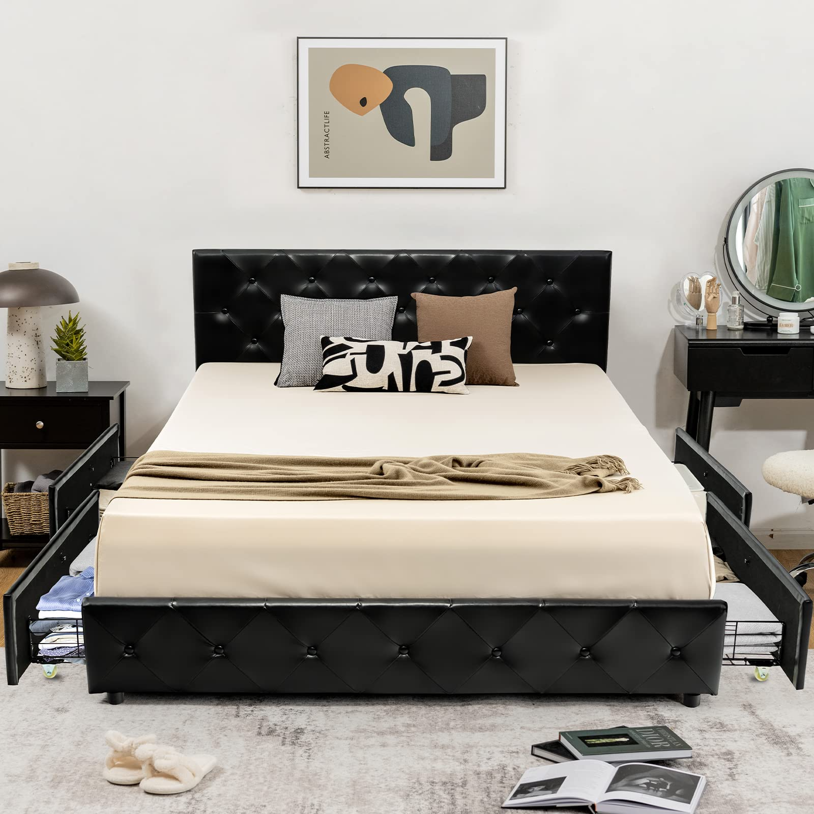 Upholstered PU Leather Platform Bed Frame w/ 4 Storage Drawers, Adjustable Headboard & Solid Wooden Slats
