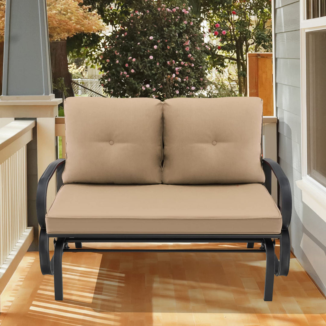 Giantex 2 Seats Glider Bench for Outside, Patio Glider Porch Loveseat w/Cushions & Powder Coated Steel Frame