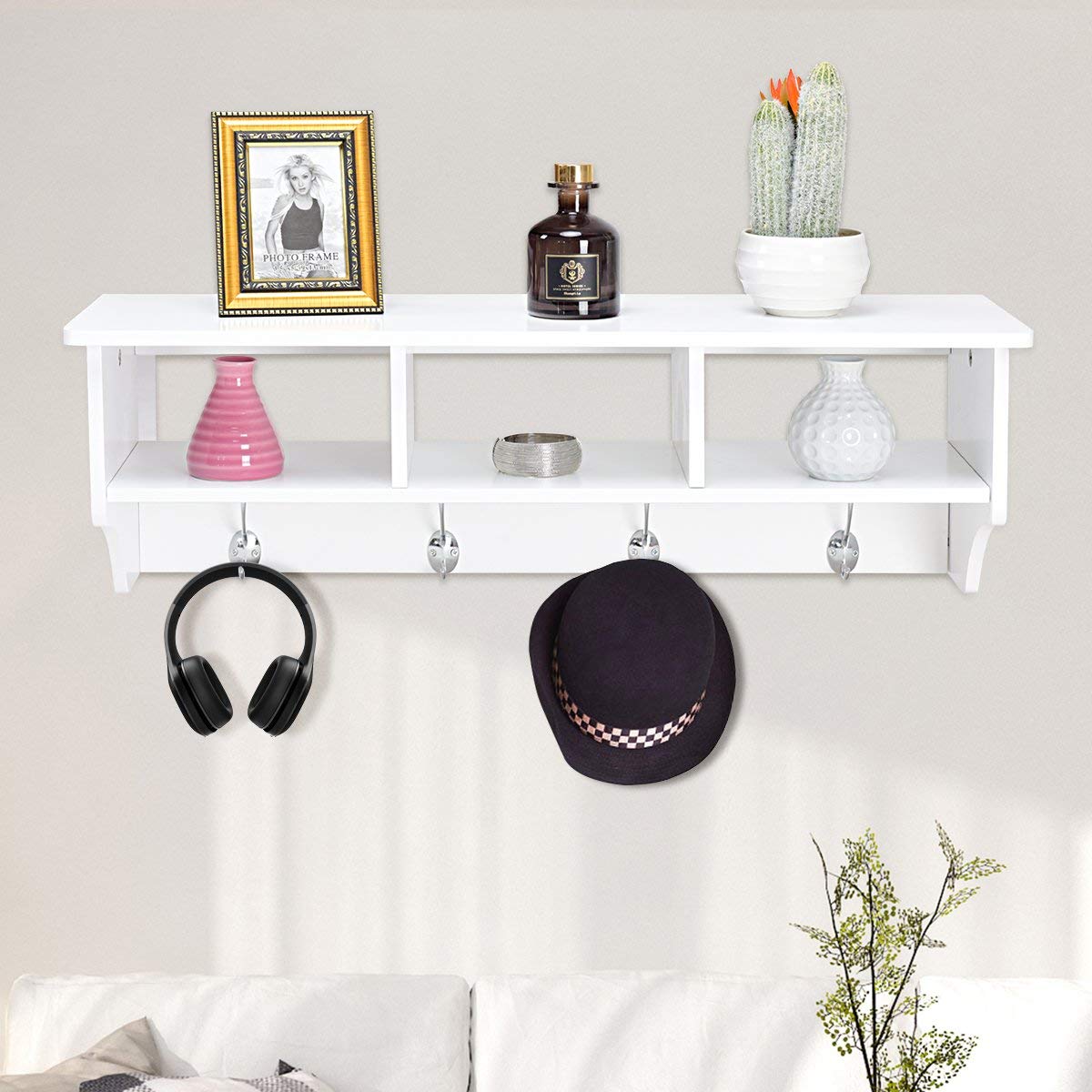 Giantex Hanging Shelf with Hooks Wall Mount Cubby Organizer with 4 Dual Hooks and Storage for Entryway