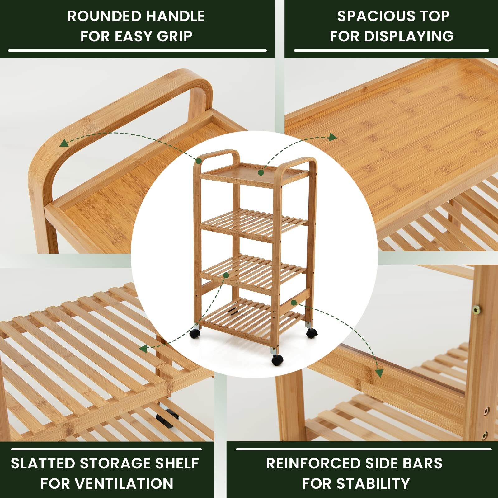Giantex 4-Tier Bamboo Storage Cart, Rolling Utility Cart, Storage Rack on Wheels