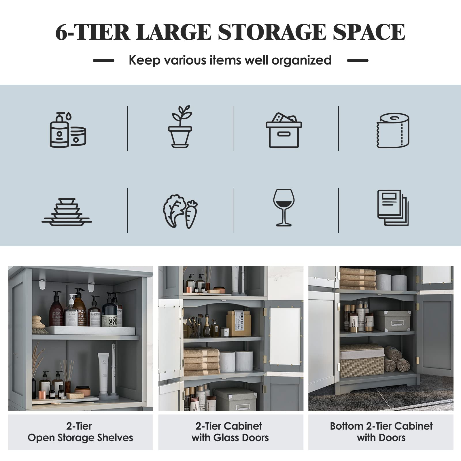 Giantex 64" Tall Bathroom Storage Cabinet, Freestanding Kitchen Pantry Cupboard with 2 Cabinets