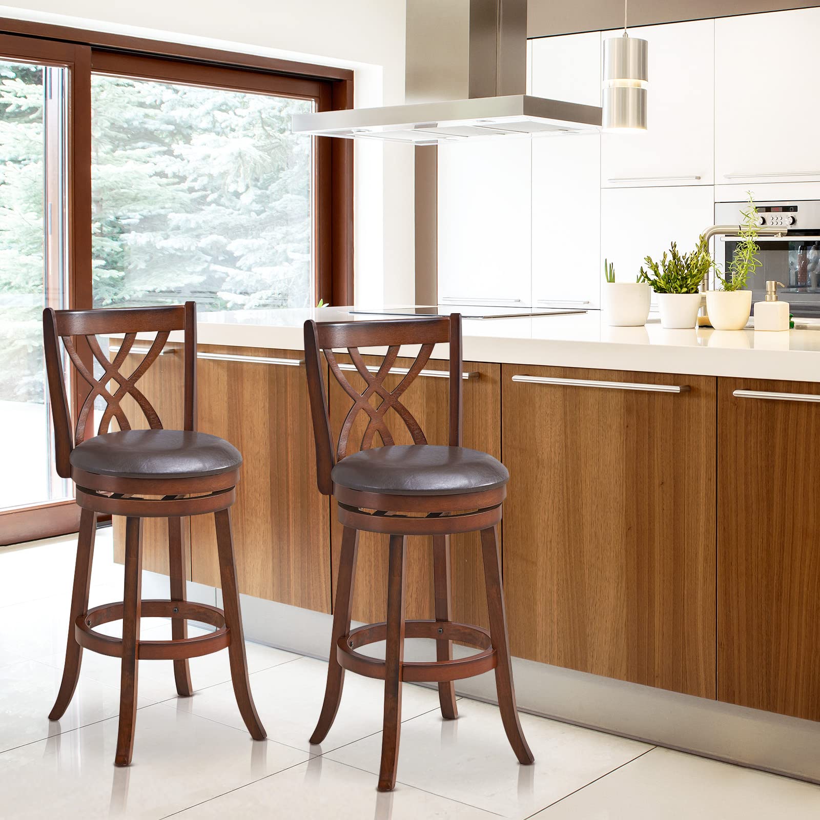 Giantex Brown Bar Stools PU Leather Cushioned Seat and Footrests, for Kitchen Island