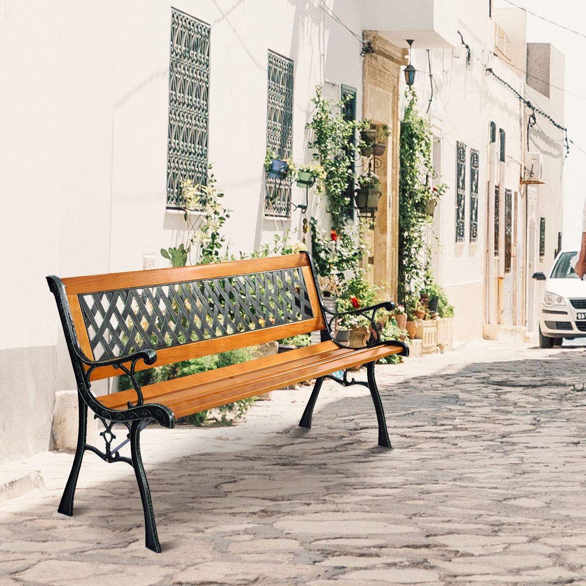 Giantex 50'' Patio Bench, Outdoor Furniture Cast Iron Hardwood Frame Porch Loveseat