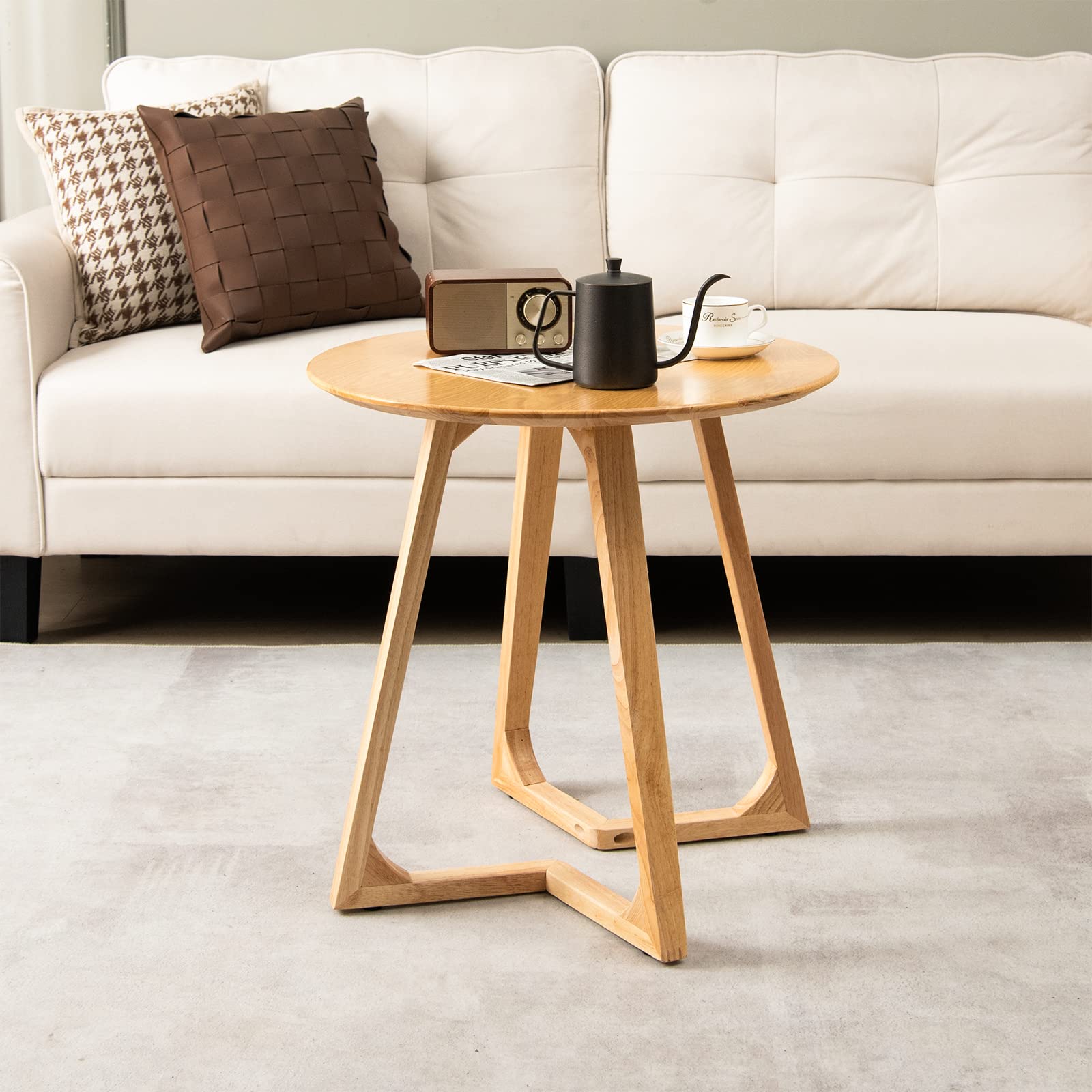 Giantex 24" Round End Table - Rubber Wood Sofa Side Table with Adjustable Foot Pads, Natural