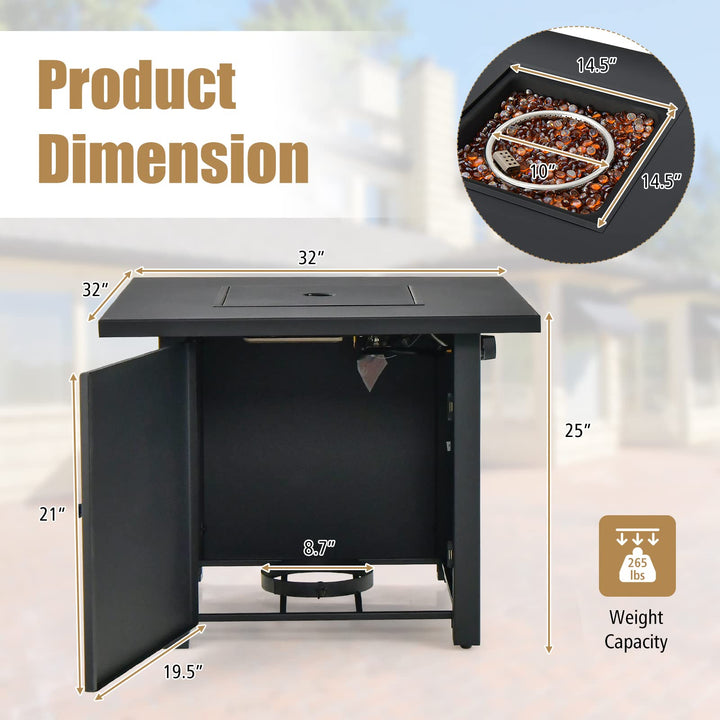 Giantex 32" Patio Propane Fire Table - 50,000 BTU Square Metal Fire Table with Lid, PVC Cover, Glass Stones