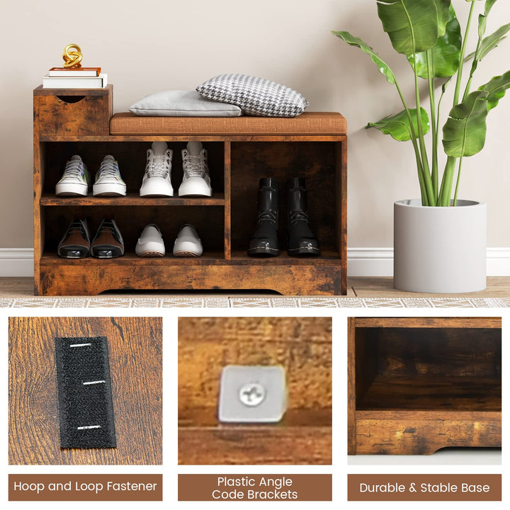 Giantex Industrial Shoe Storage Bench - Entryway Shoe Bench with Removable Cushion, Storage Drawer, Rustic Brow