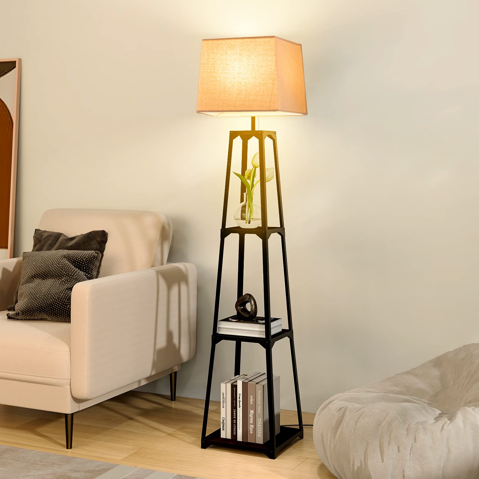 Shelf Floor Lamp with Storage Shelves and Linen Lampshade Costway