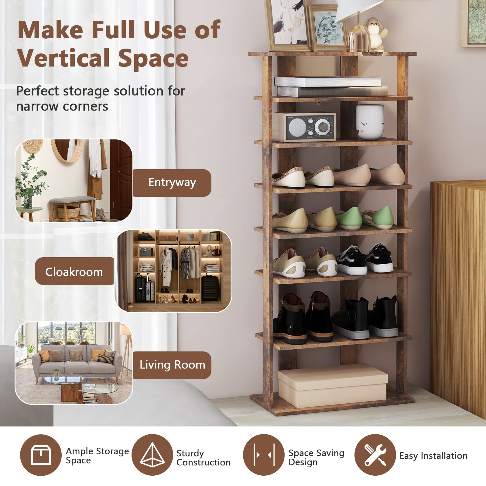 Giantex 7-Tier Wooden Shoe Rack, Double Row Shoe Organizer for 14 Pairs, Customizable Height