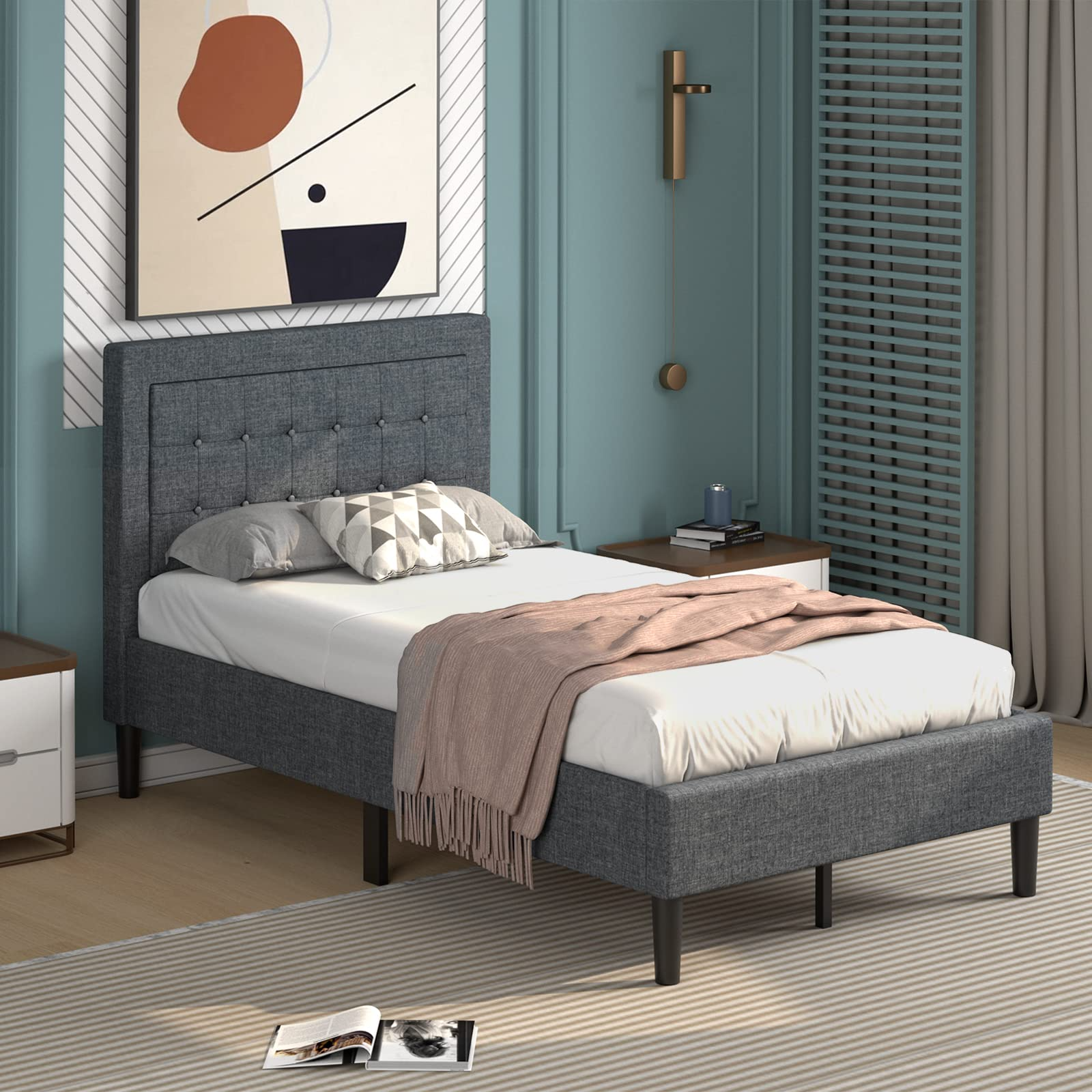 Modern Platform Bed w/Button Tufted Headboard | Upholstered Bed Frame