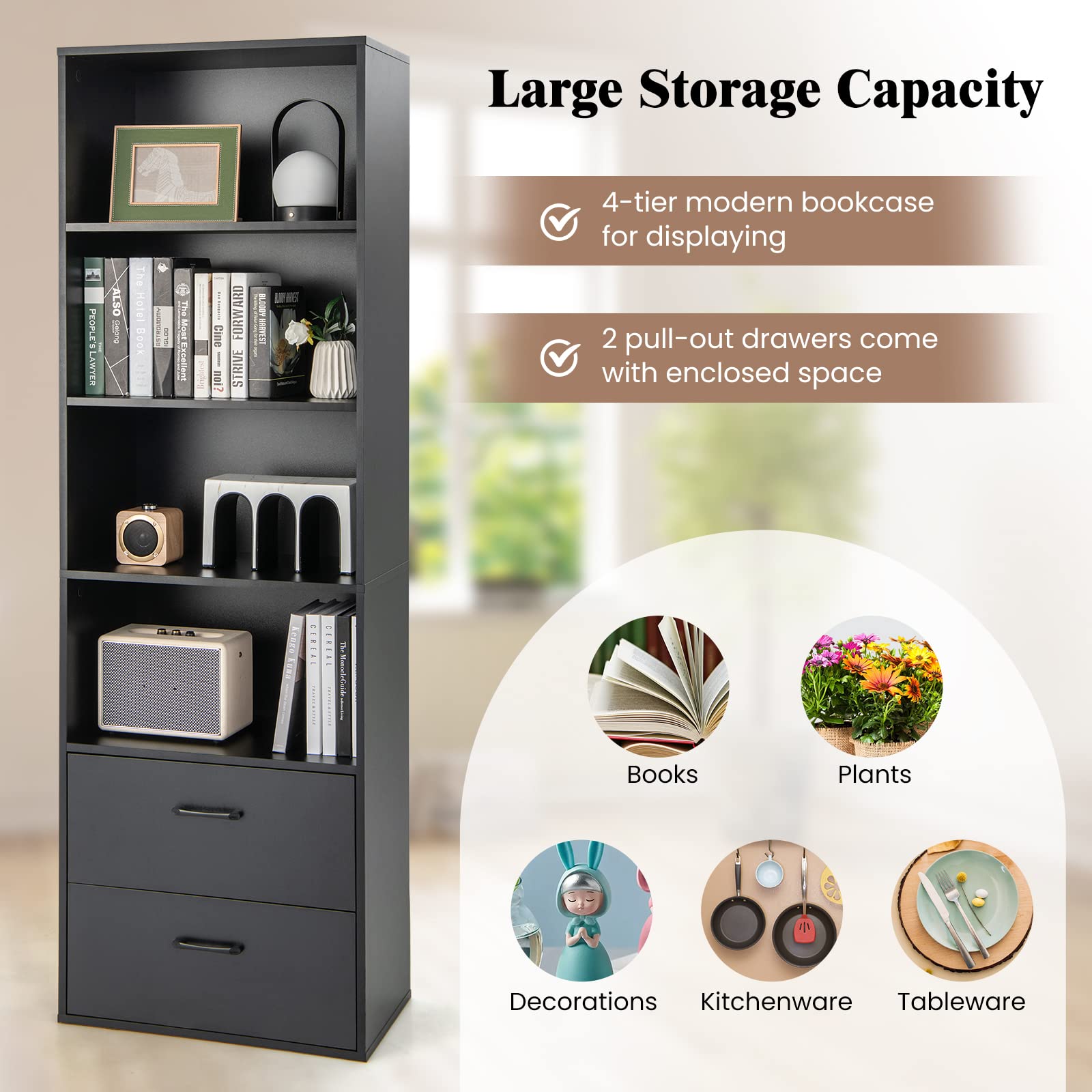 74" Tall 4-Tier Bookcase - Giantex