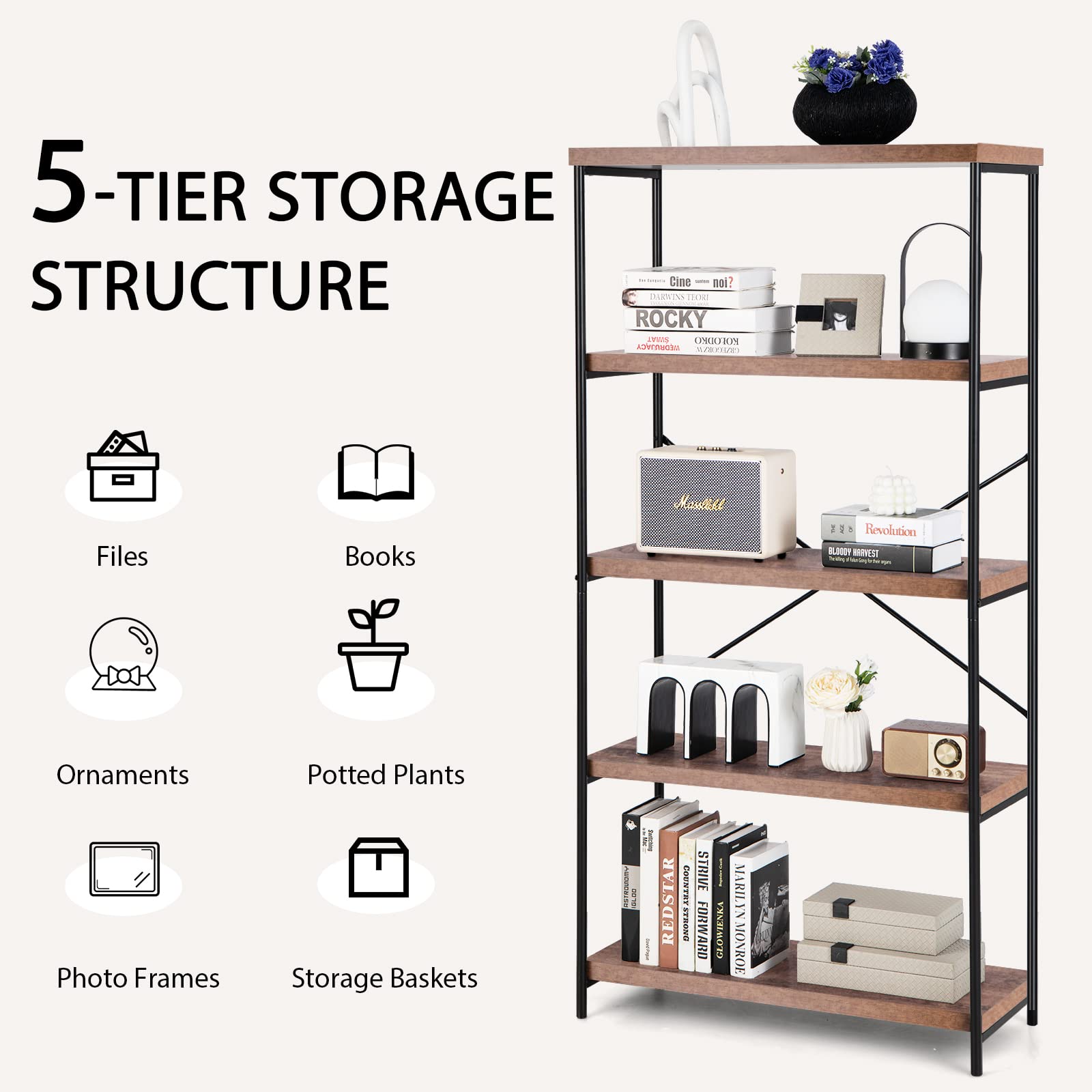 Giantex Industrial 5-Tier Wood Bookshelf - 63’’ Tall Open Storage Organizer Shelves with Anti-Tipping Device and Foot Pads