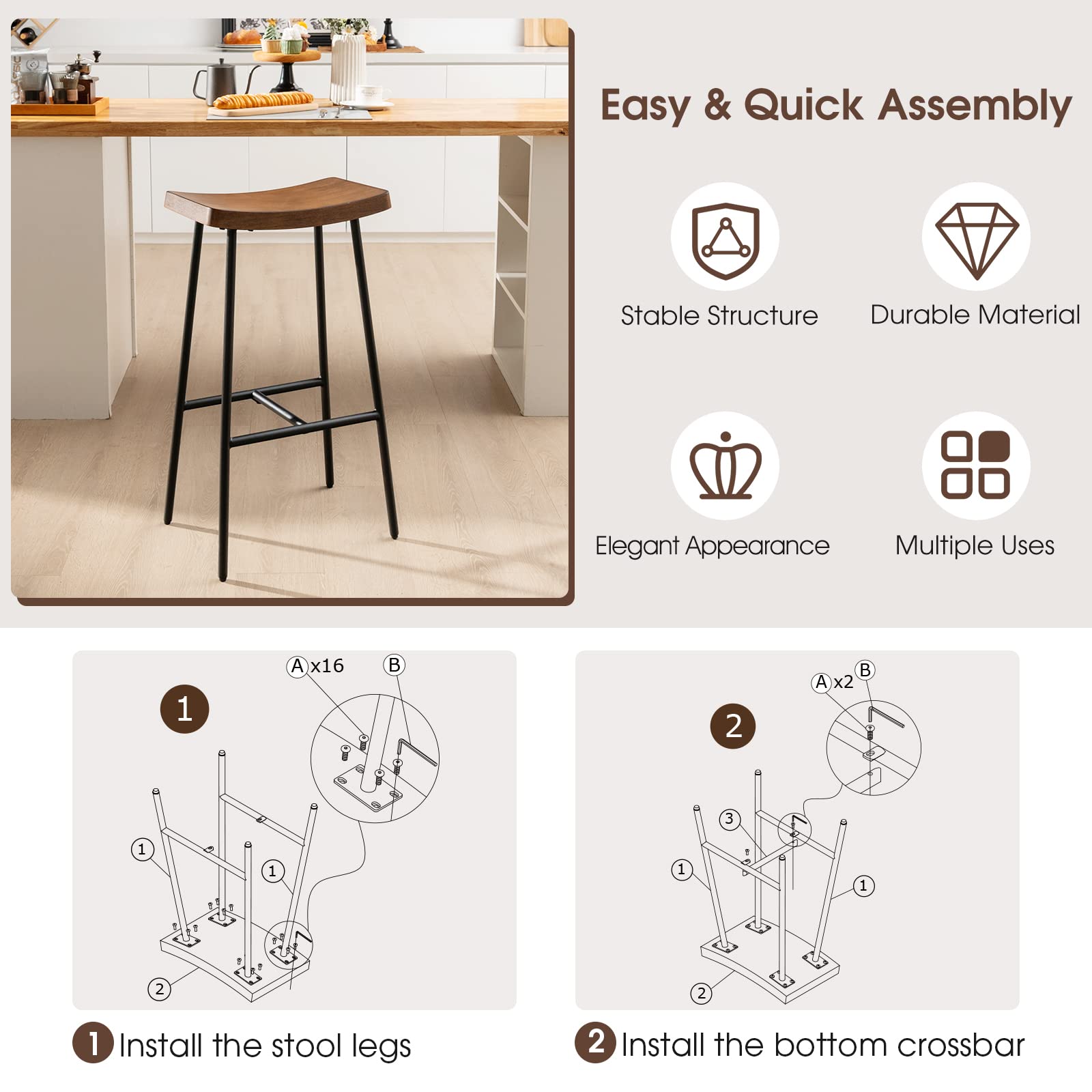 Industrial Saddle Stool with Footrest, Metal Legs, Adjustable Foot Pads, Backless Counter Height Chair for Living Room Kitchen Bar