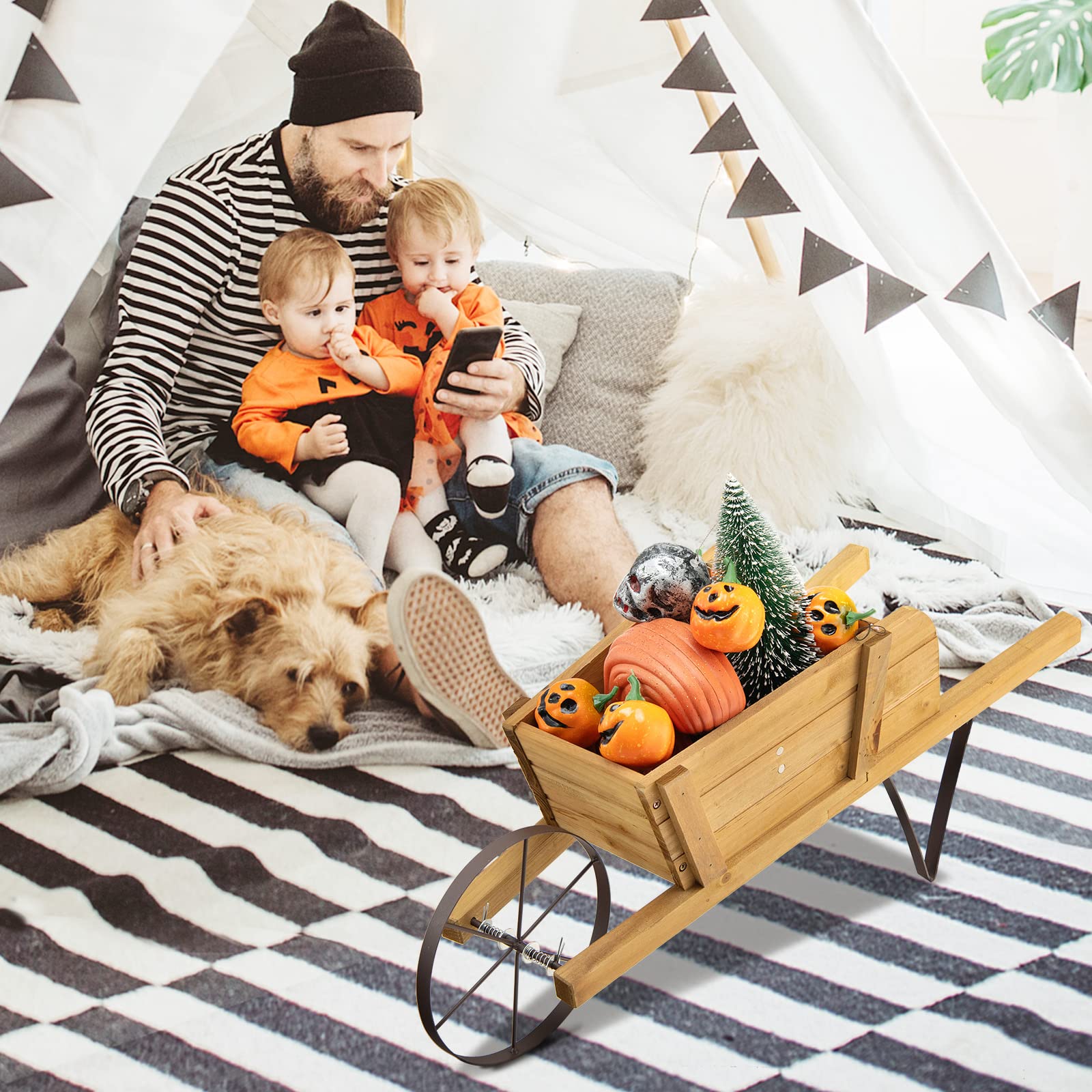 Giantex Wooden Wagon Planter, Small Wheelbarrow Wagon Flower, Indoor & Outdoor Raised Bed