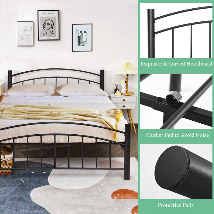 Black Modern Platform Bed with Headboard and Footboard | Metal Bed Frame
