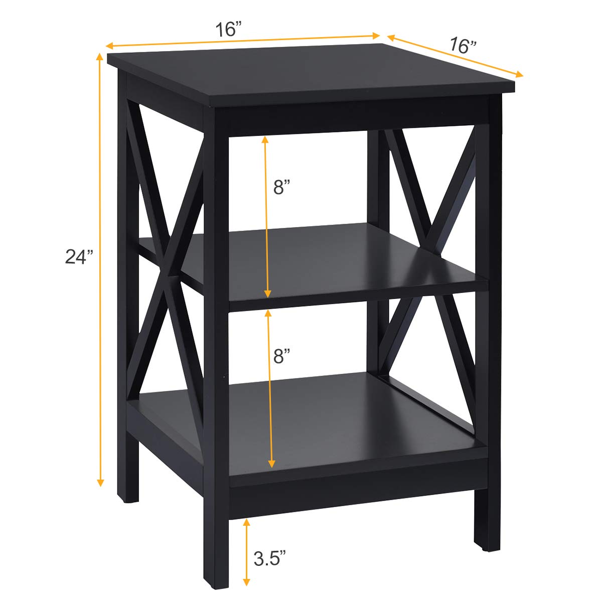 Nightstand 3-Tier X-Design W/Storage Shelves and Stable Structure Storage Organizer Display Sofa Side Table