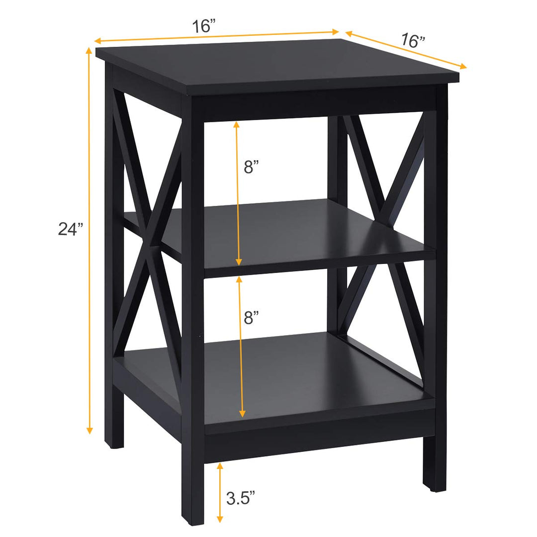 Nightstand 3-Tier X-Design W/Storage Shelves and Stable Structure Storage Organizer Display Sofa Side Table
