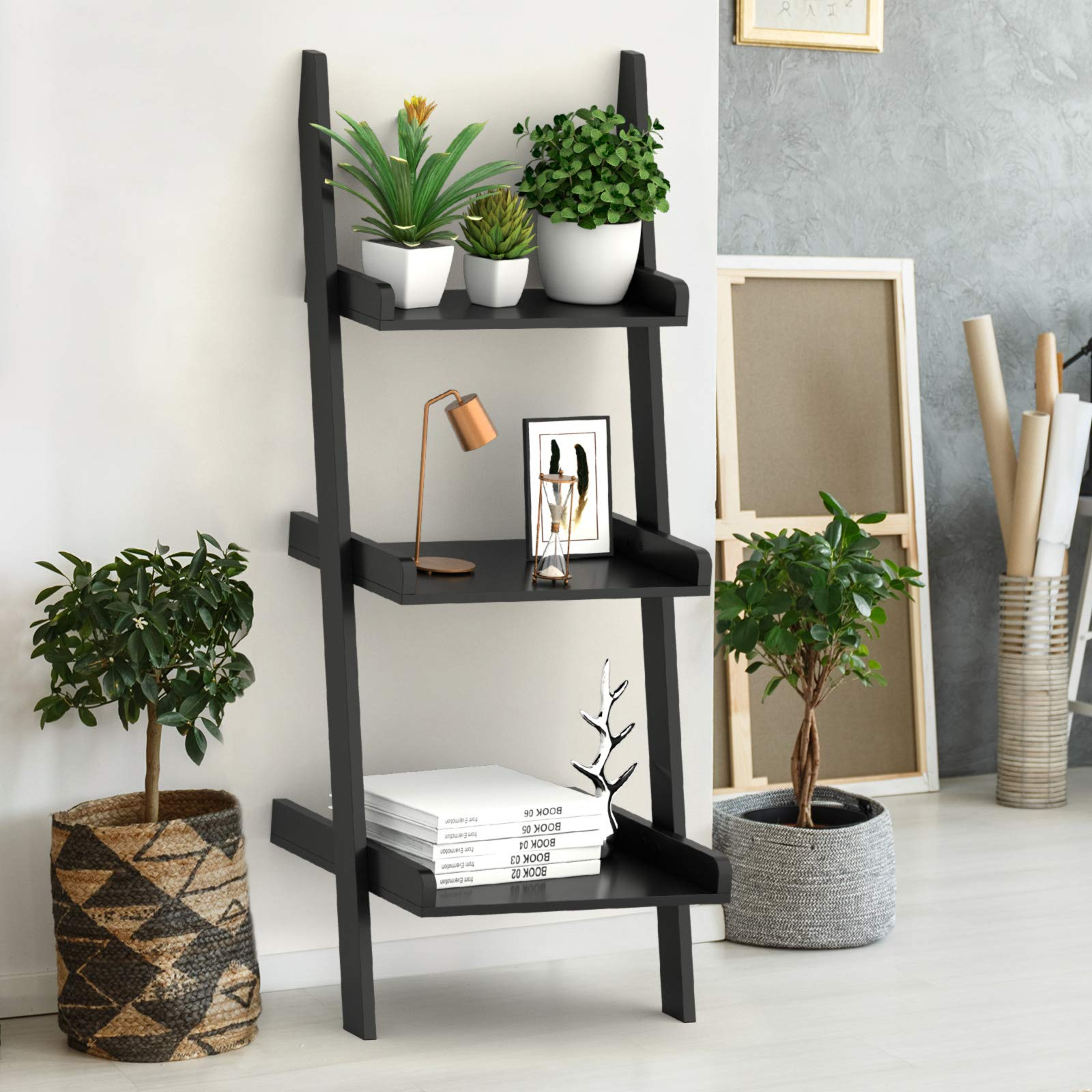 Ladder Shelf 3-Tier Wall-Leaning Bookshelf White