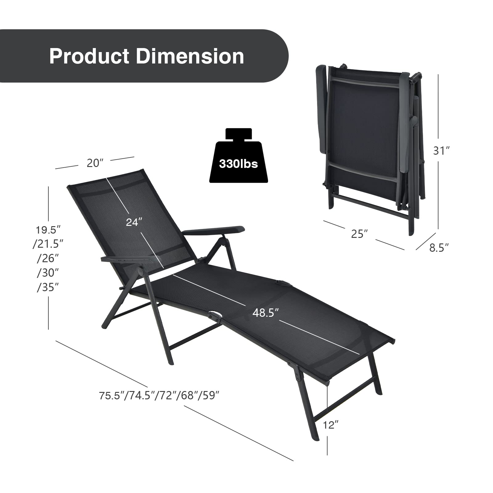 Outdoor Sunbathing Chair W/ 5-Position Backrest | Patio Lounge Chair