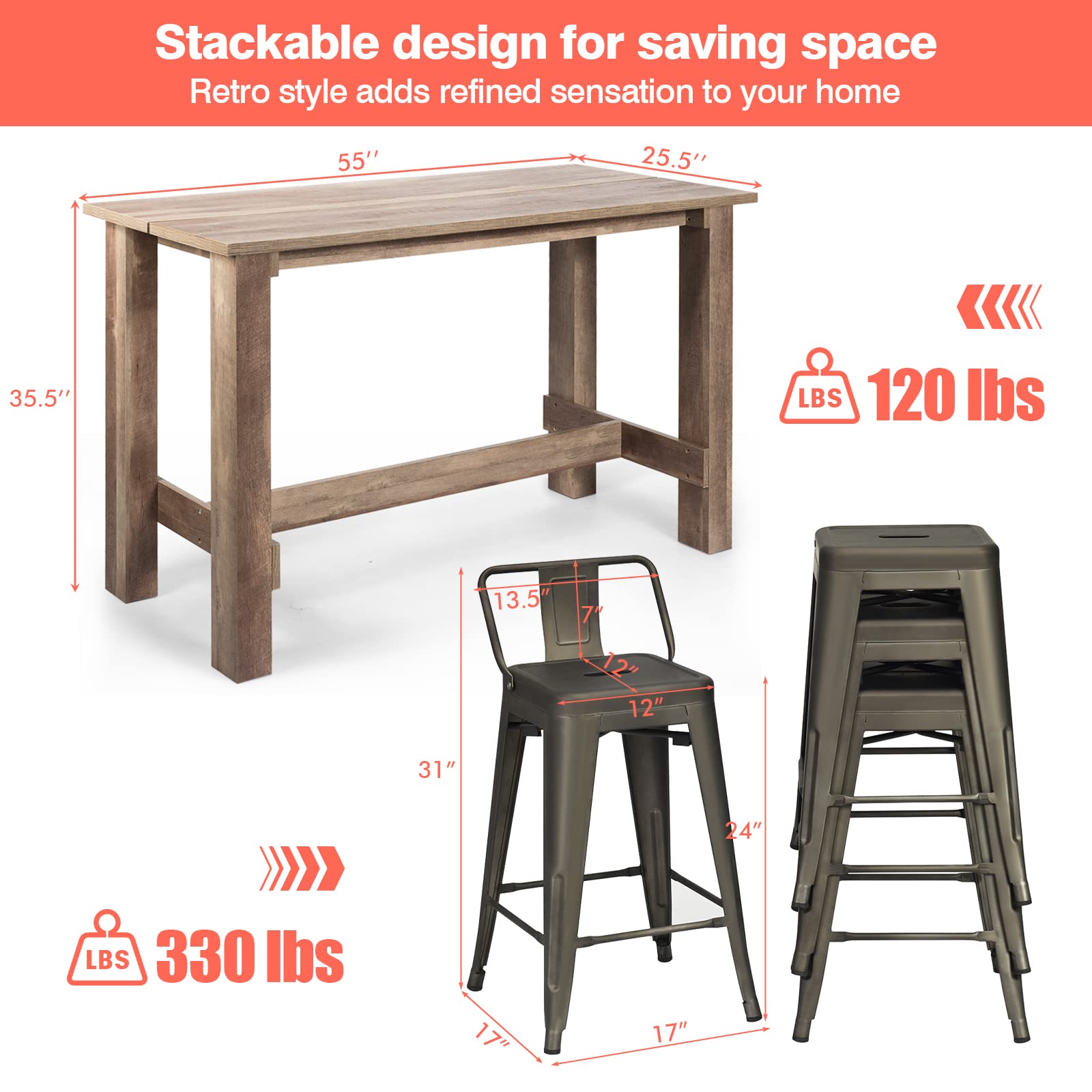 Giantex 5 Pieces Dining Table Set, Rectangular Counter Height Table w/ 4 Metal Bar Stools