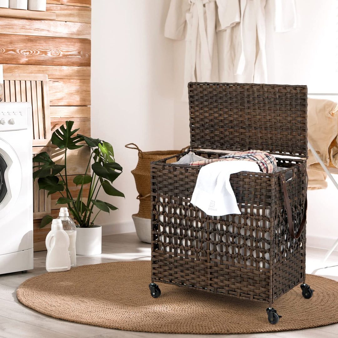 Giantex Laundry Hamper with Wheels and Lid, 33 Gal (125L) Wicker Laundry Basket, 2 Removable Liner Bags