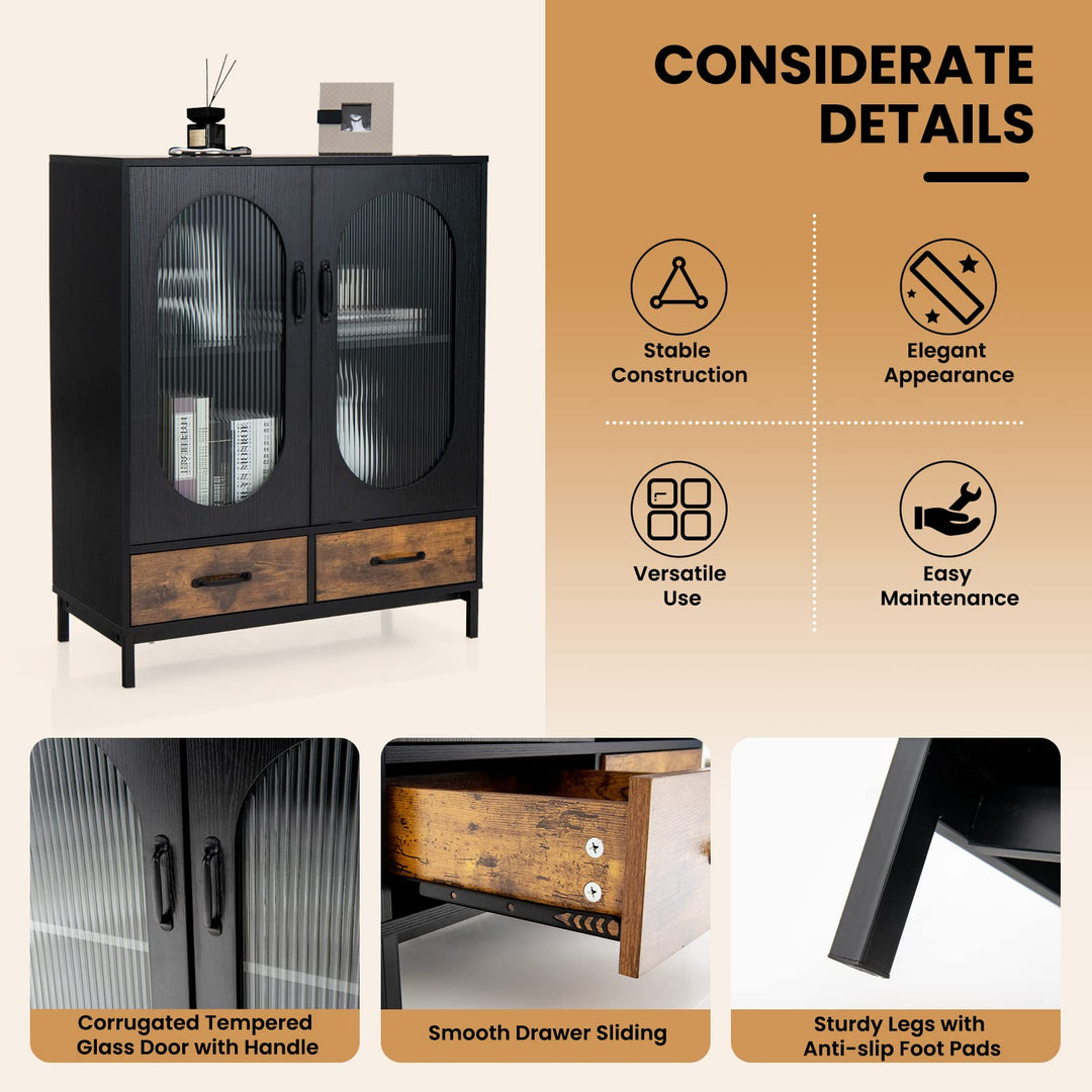 Giantex Buffet Cabinet with 2 Drawers, Wooden Sideboard, Standing 2-Tier Cupboard (Black & Brown)