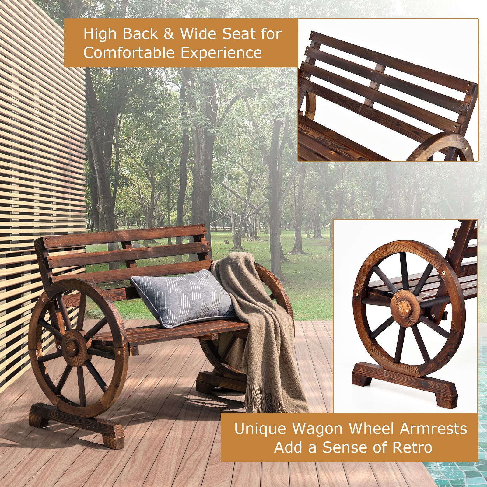 Giantex Outdoor Bench Wooden Wagon Wheel Bench, 2-Person Outdoor Garden Bench