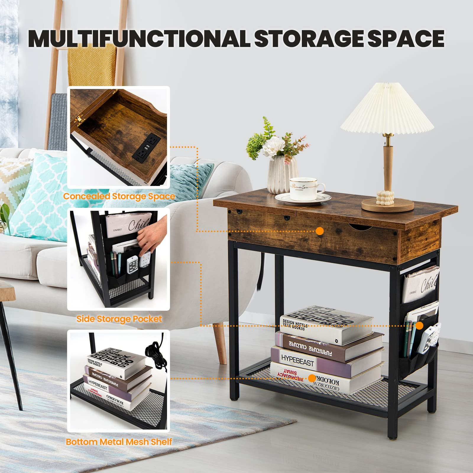 Giantex Set of 2 End Table with Charging Station, Industrial Multifunctional Nightstand