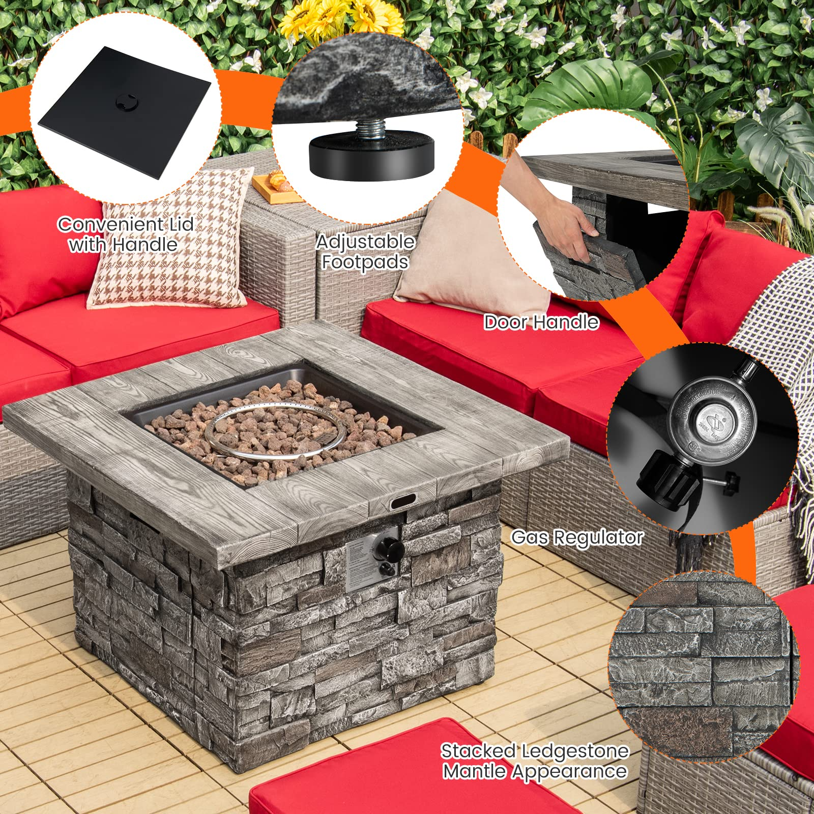 34.5" Propane Gas Fire Pit Table - Patio 2-in-1 Outdoor Square Fire Table W/ Volcanic Rock & PVC Cover