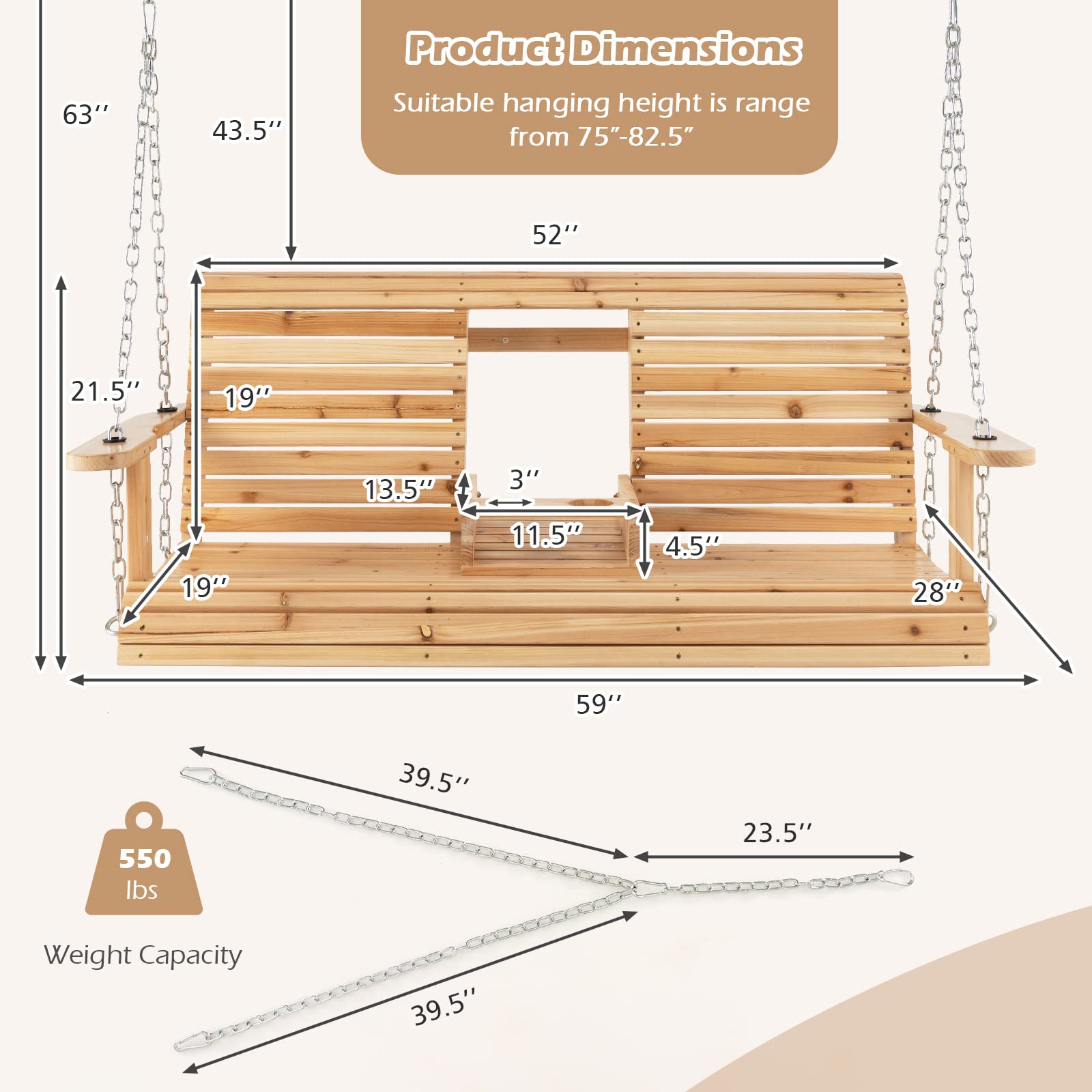 Giantex Outdoor Hanging Porch Swing - 2-Seat Wood Swing Bench
