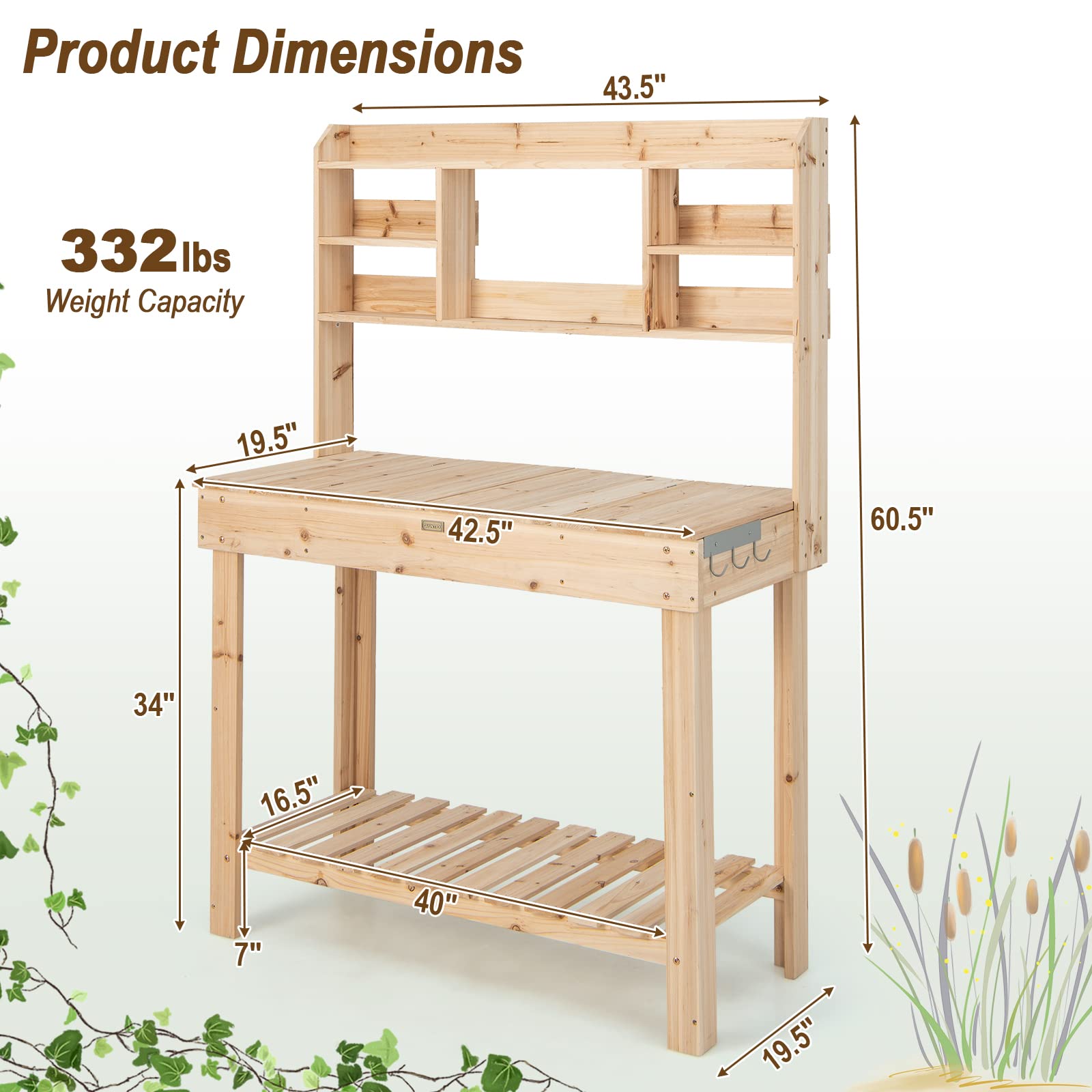 Giantex Garden Potting Bench Table, Large Workbench Table with Shelves, 43.5"x19.5"x 60.5"