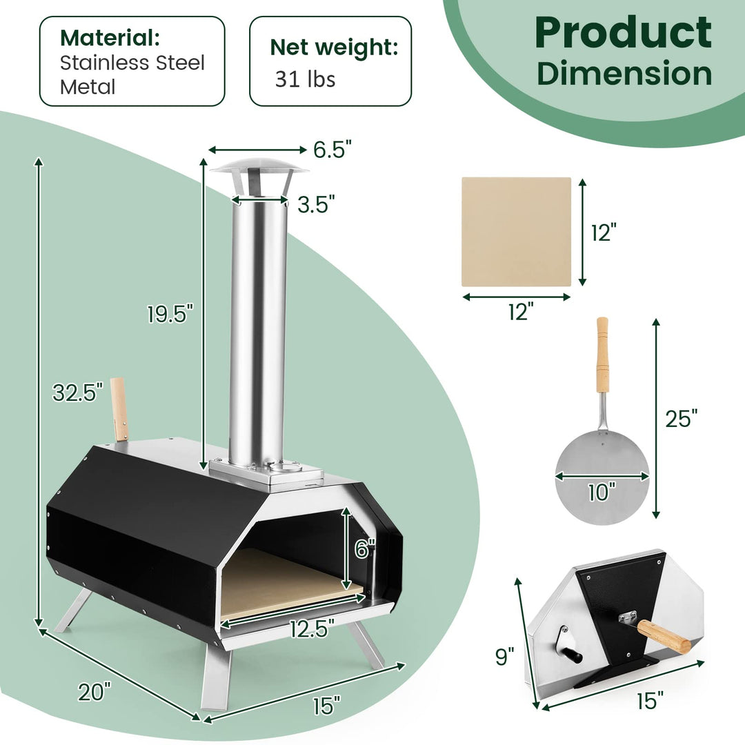 Giantex Outdoor Pizza Oven, Wood Pellet Fired Pizza Grill with 12'' Pizza Stone, Pizza Peel, (Black & Silver)