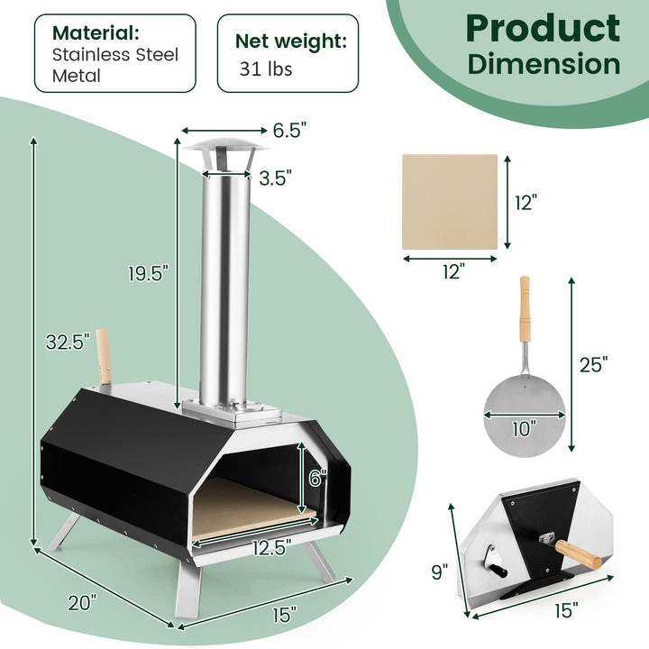 Giantex Outdoor Pizza Oven, Wood Pellet Fired Pizza Grill with 12'' Pizza Stone, Pizza Peel, (Black & Silver)