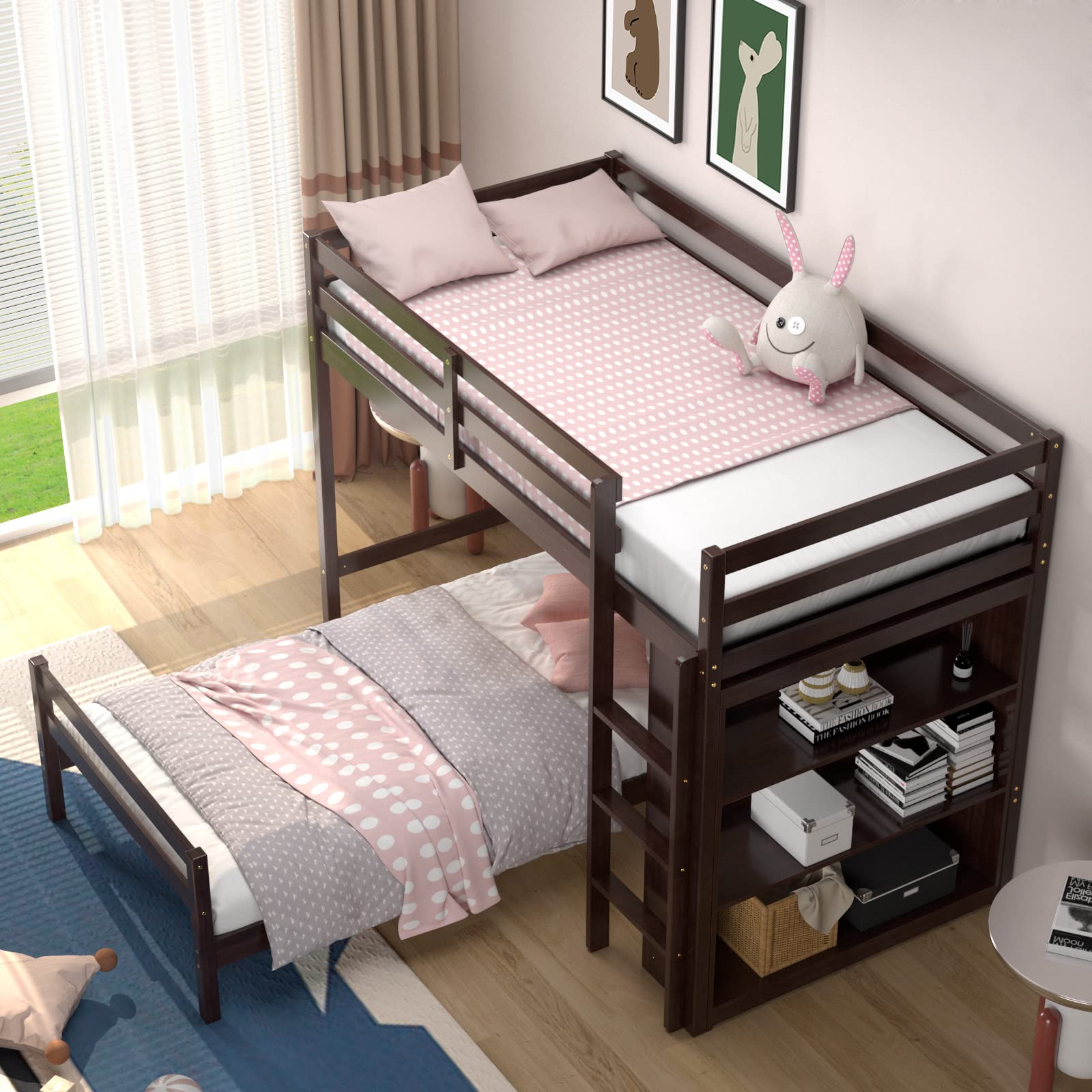Giantex Twin Over Twin Loft Bed w/ Bookcase, Bunk Bed w/ 12.5" Full-Length Guardrail & Ladder