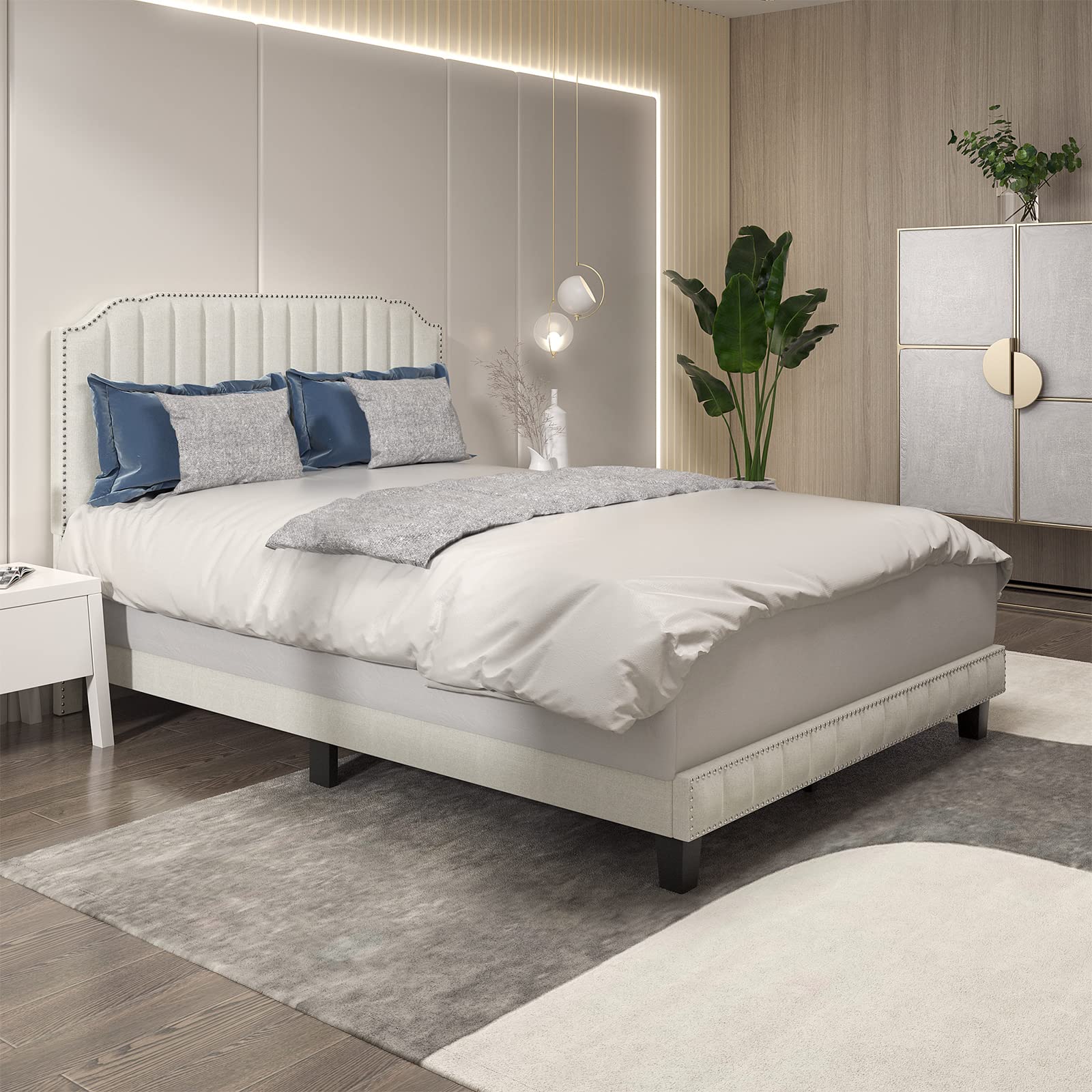 Giantex Upholstered Bed Frame, Linen Platform Bed w/Rivet Headboard, Heavy Duty Mattress Foundation