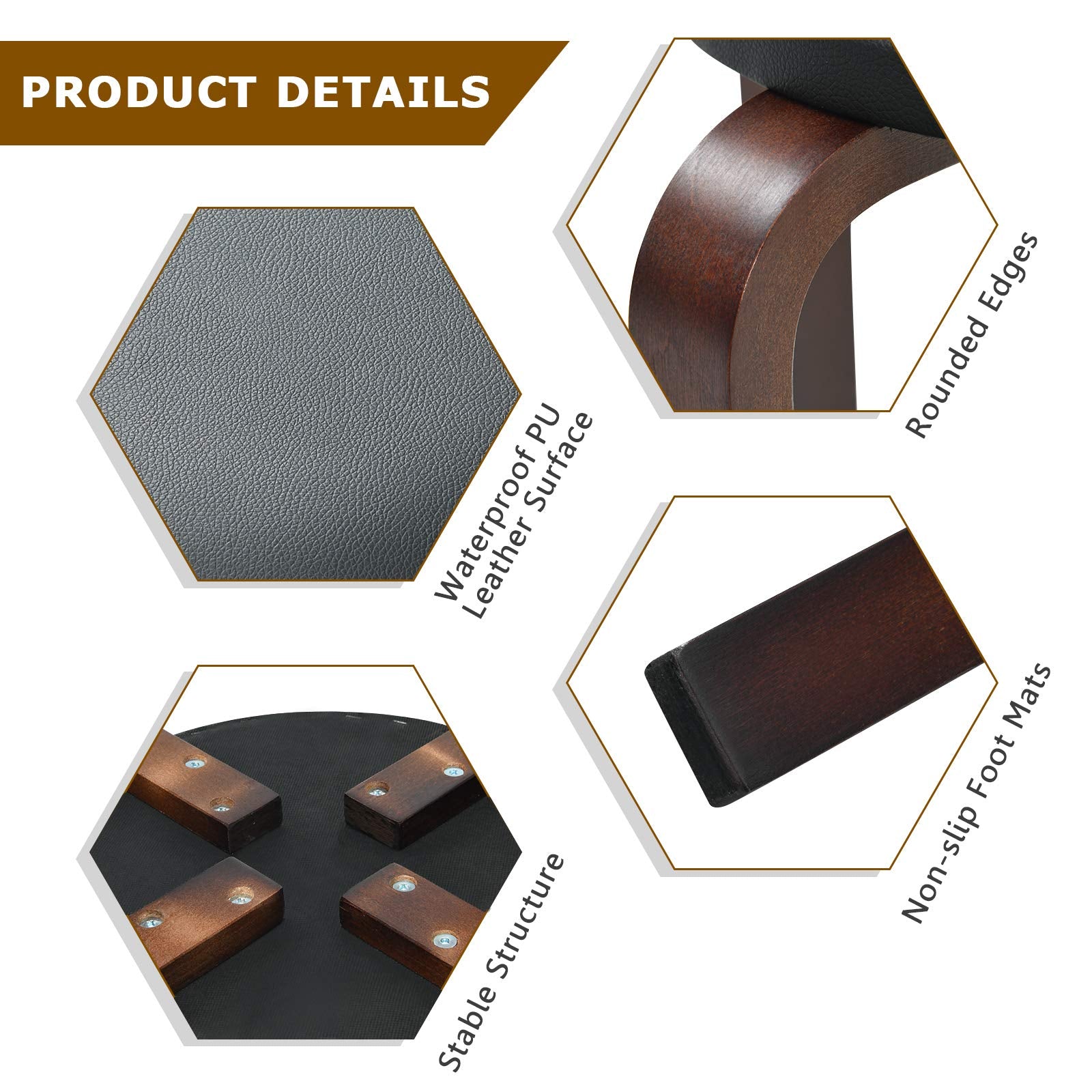 4-Pack Bentwood Stack Stools, 18.5-Inch Portable Stools with PU Leather Round Top, Non-Slip Foot Mats