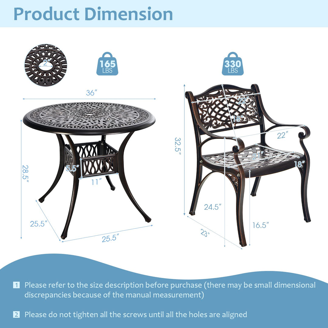 Giantex 3 Pcs Patio Bistro Set, Cast Aluminum Outdoor Dining Set,Round Patio Table with Umbrella Hole, 2 Patio Chairs