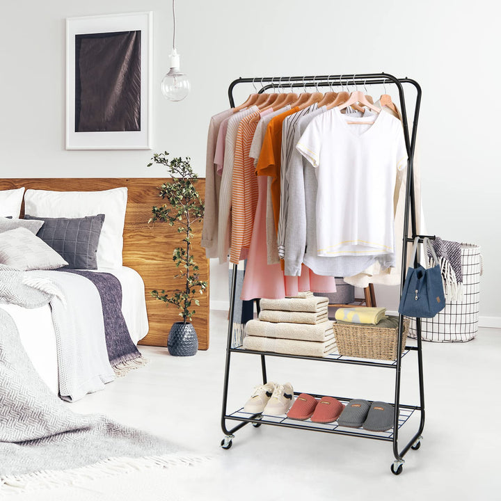 Giantex Metal Rolling Garment Rack, Clothing Rack with Wheels, Double Hanging Rods, 2 Shelves, 4 Hooks