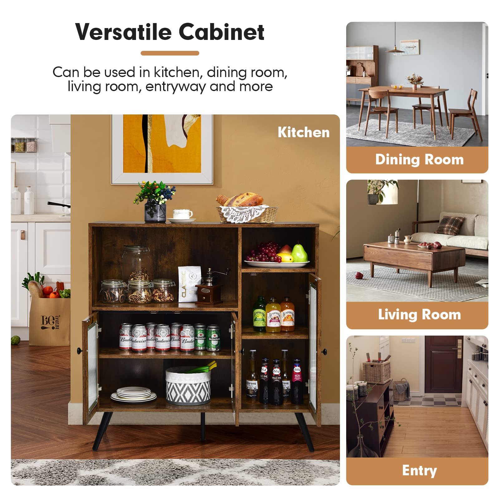 Giantex Storage Cabinet, Industrial Buffet Sideboard with Storage, 3 Door Wood Cupboard, 2 Creadenzas 2 Shelves