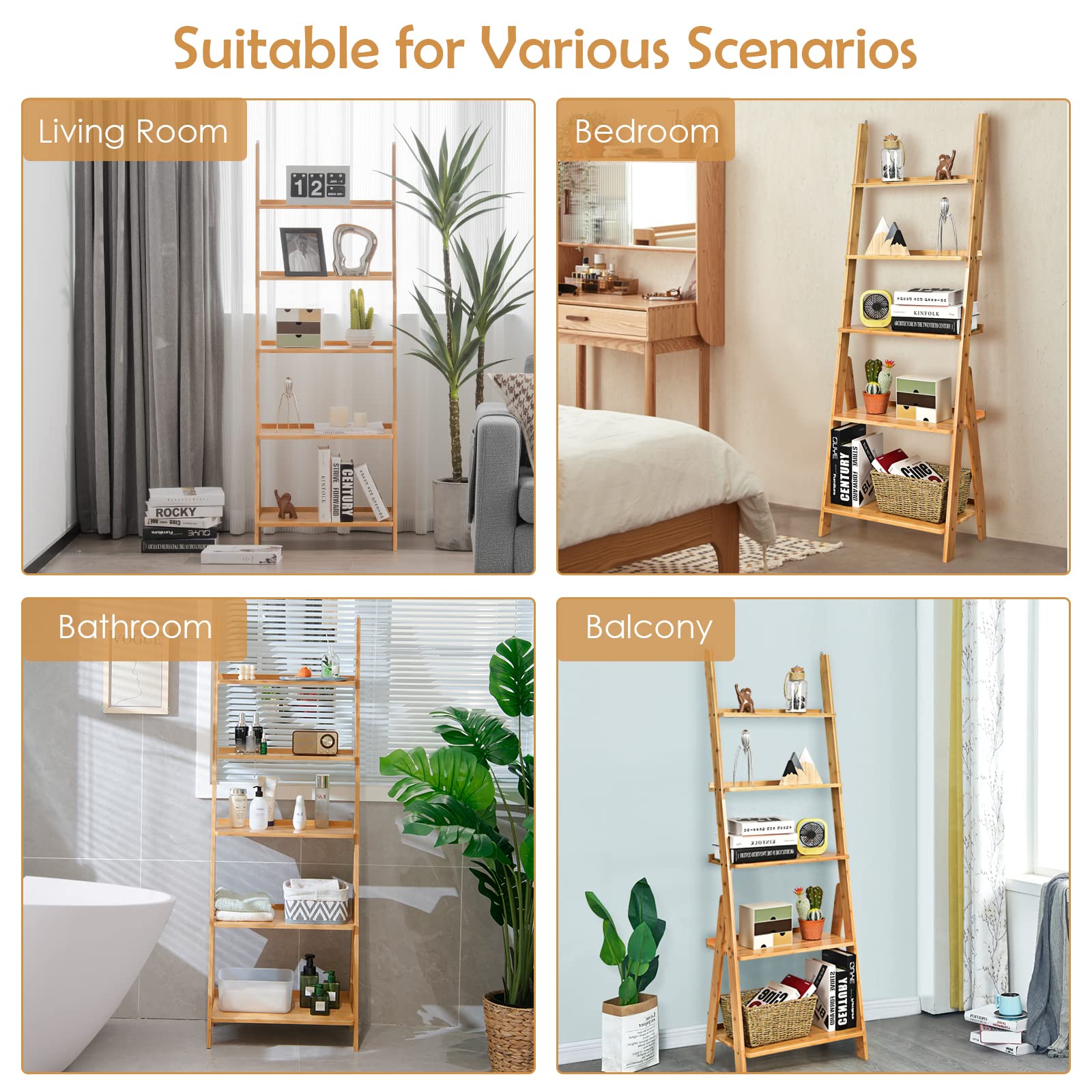 Giantex 5-Tier Ladder Shelf, Multipurpose Freestanding Display Leaning Storage Shelves