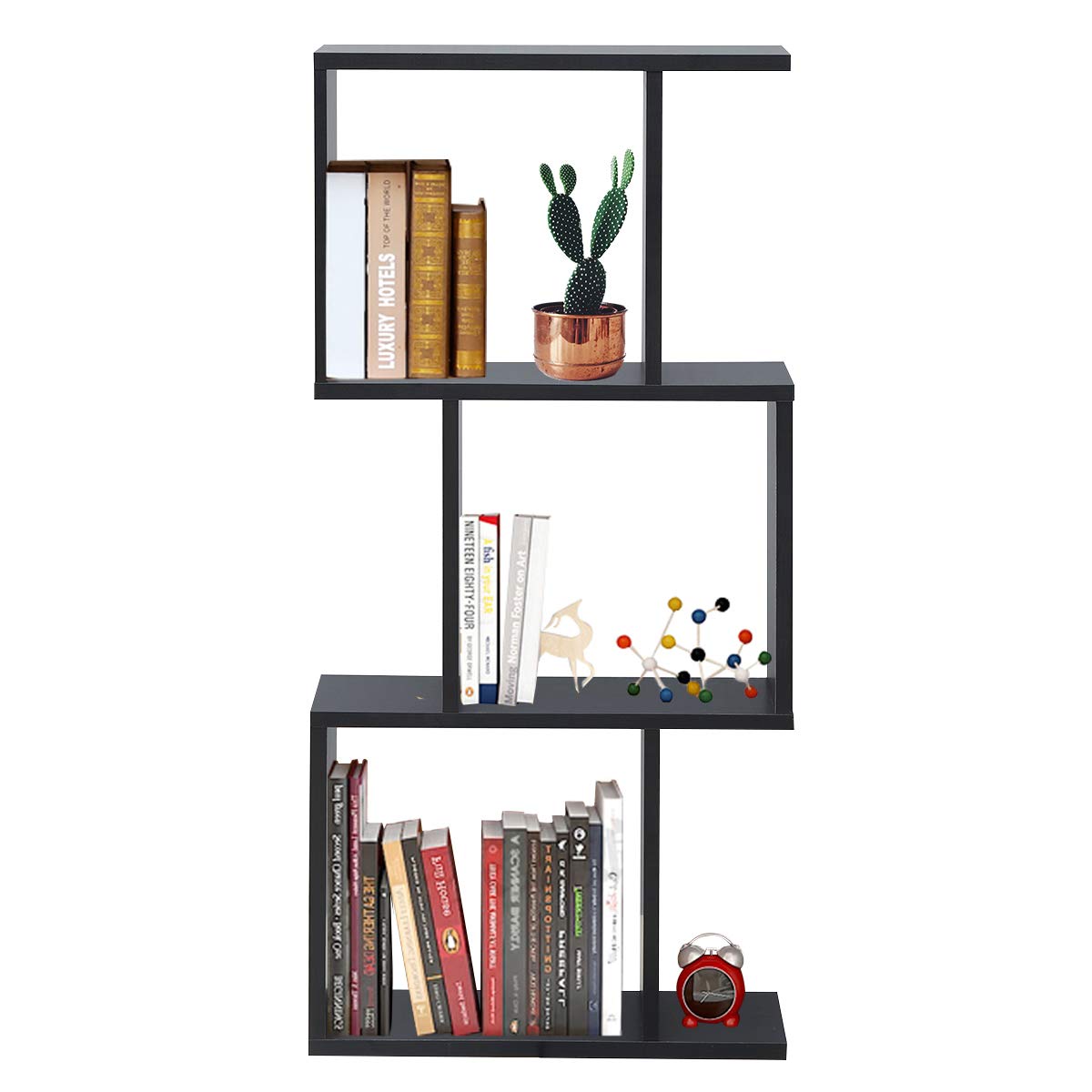 3-Tier Bookshelf S Shaped Bookcase, Free Standing Industrial Storage Rack