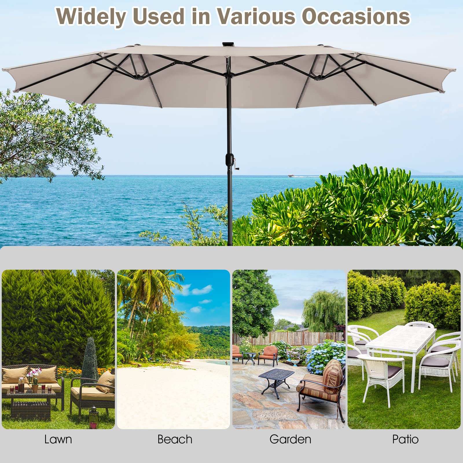 Giantex 15 FT Double Patio Umbrellas with 48 Solar LED Lights, Extra-Large Rectangle Umbrella