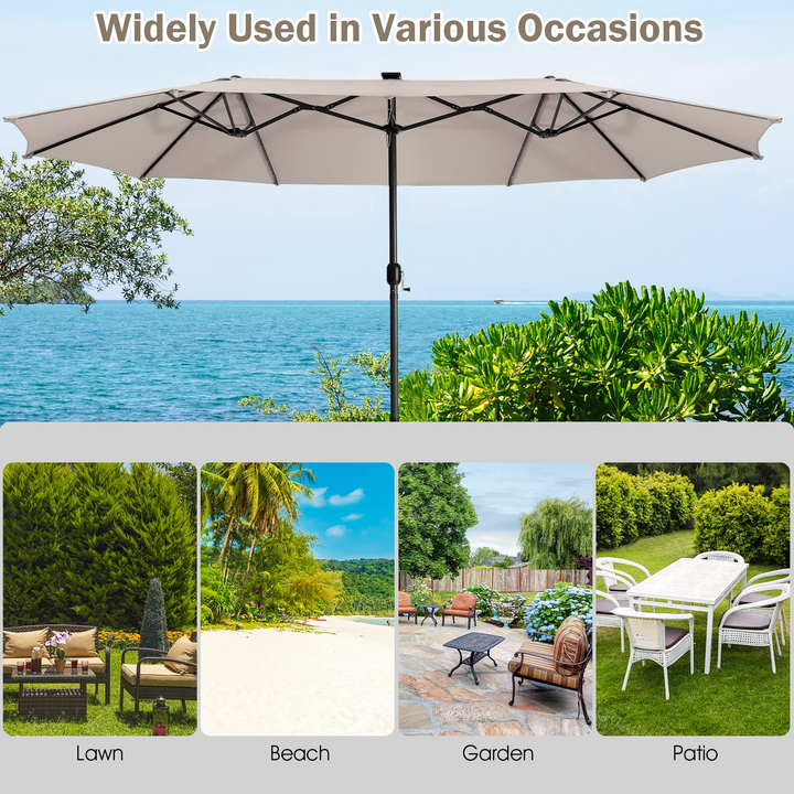 Giantex 15 FT Double Patio Umbrellas with 48 Solar LED Lights, Extra-Large Rectangle Umbrella
