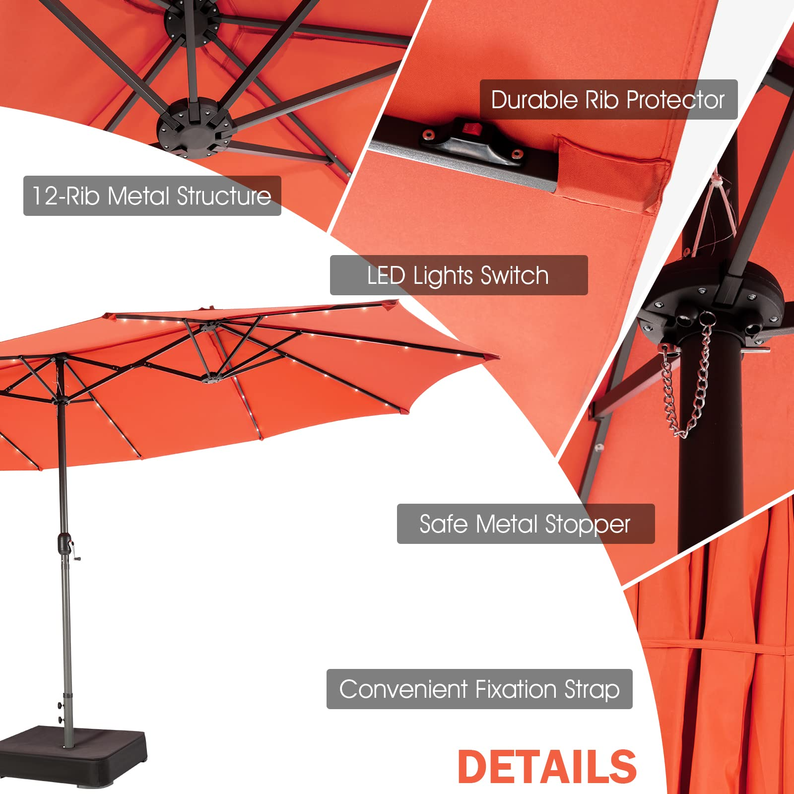 15ft Large Outdoor Umbrella Double-Sided, 48 Solar Lights, Auto-Charging Solar Panel