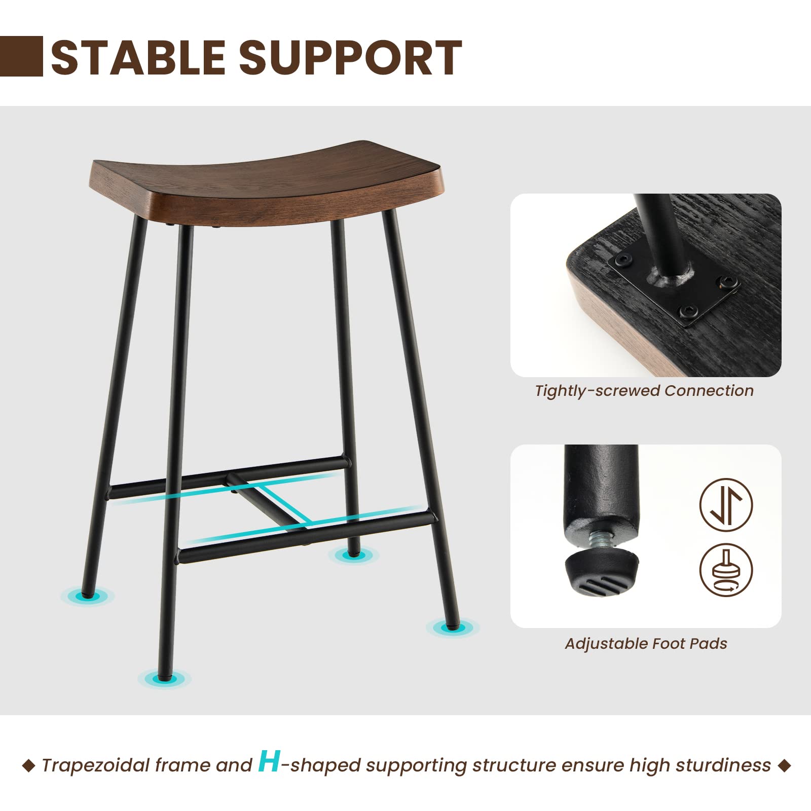 Industrial Saddle Stool with Footrest, Metal Legs, Adjustable Foot Pads, Backless Counter Height Chair for Living Room Kitchen Bar