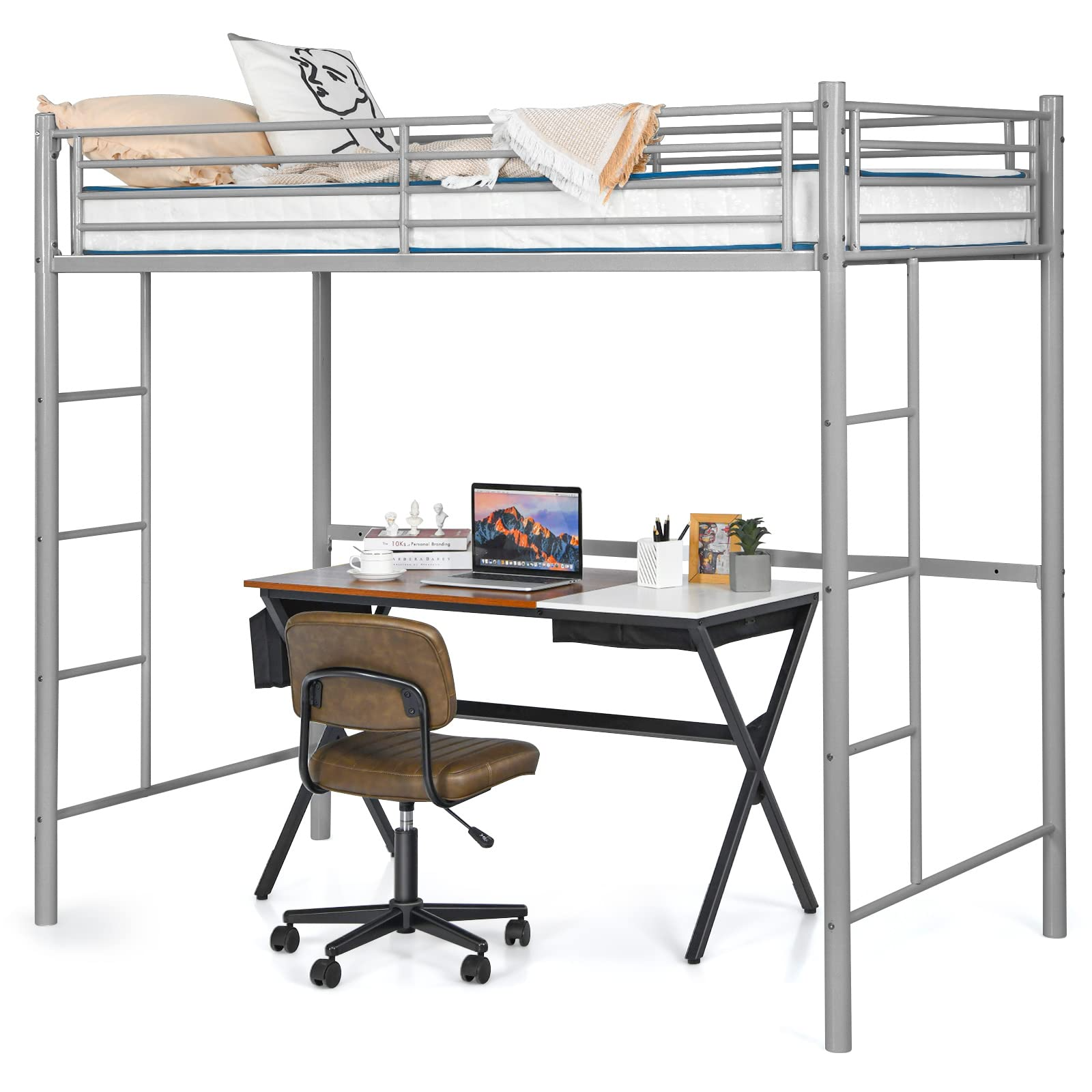 Heavy Duty Loft Bed Frame with 2 Ladders | Metal Loft Bed Twin Size