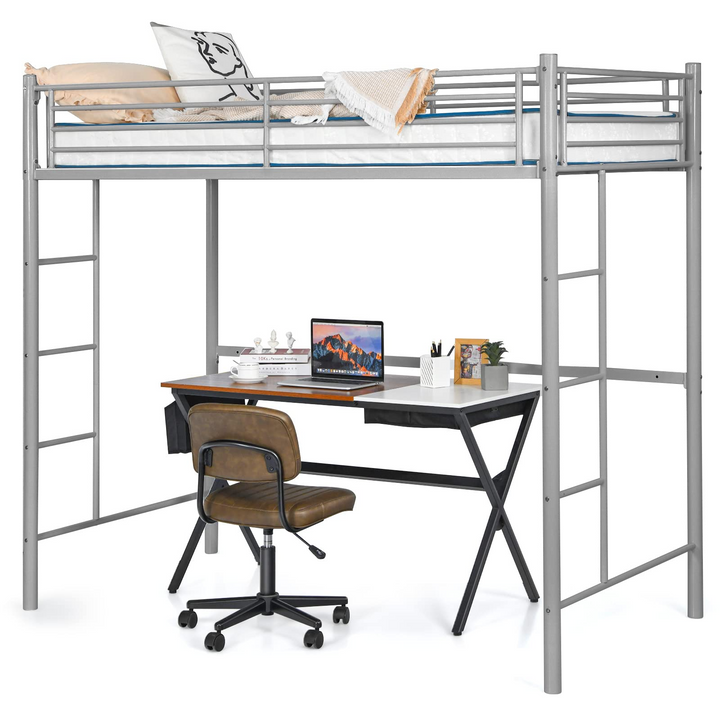 Heavy Duty Loft Bed Frame with 2 Ladders | Metal Loft Bed Twin Size