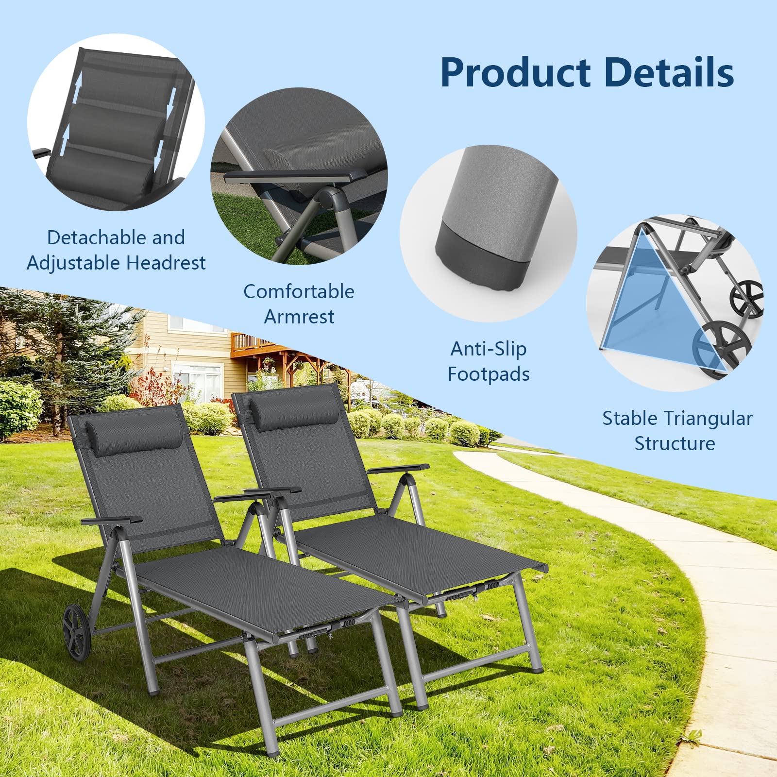 Giantex Chaise Lounge Outdoor Chair- Patio Folding Lounge Chair with Wheels, 7 Adjustable Level